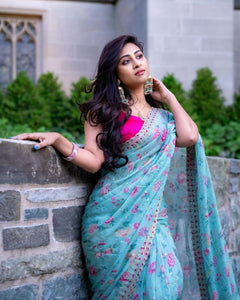 Soft Georgette Silk Fabric with Floral Print, Zari & Cutwork, Contrast Blouse | TrendBuy