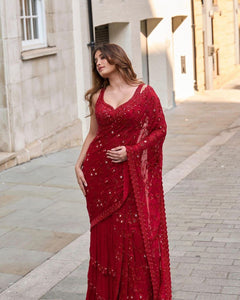Faux Georgette Saree | Jari, Dori, Mirror Work & Ruffled Skirt | Red | TrendBuy