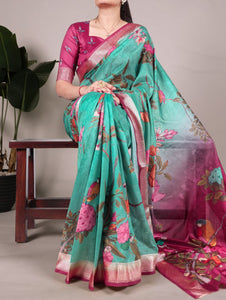 Tussar Silk Saree | Floral Print & Viscose Border | TrendBuy