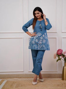 Exclusive Blue Rayon Embroidered Kurti Pant Set for Elegant Office Wear
