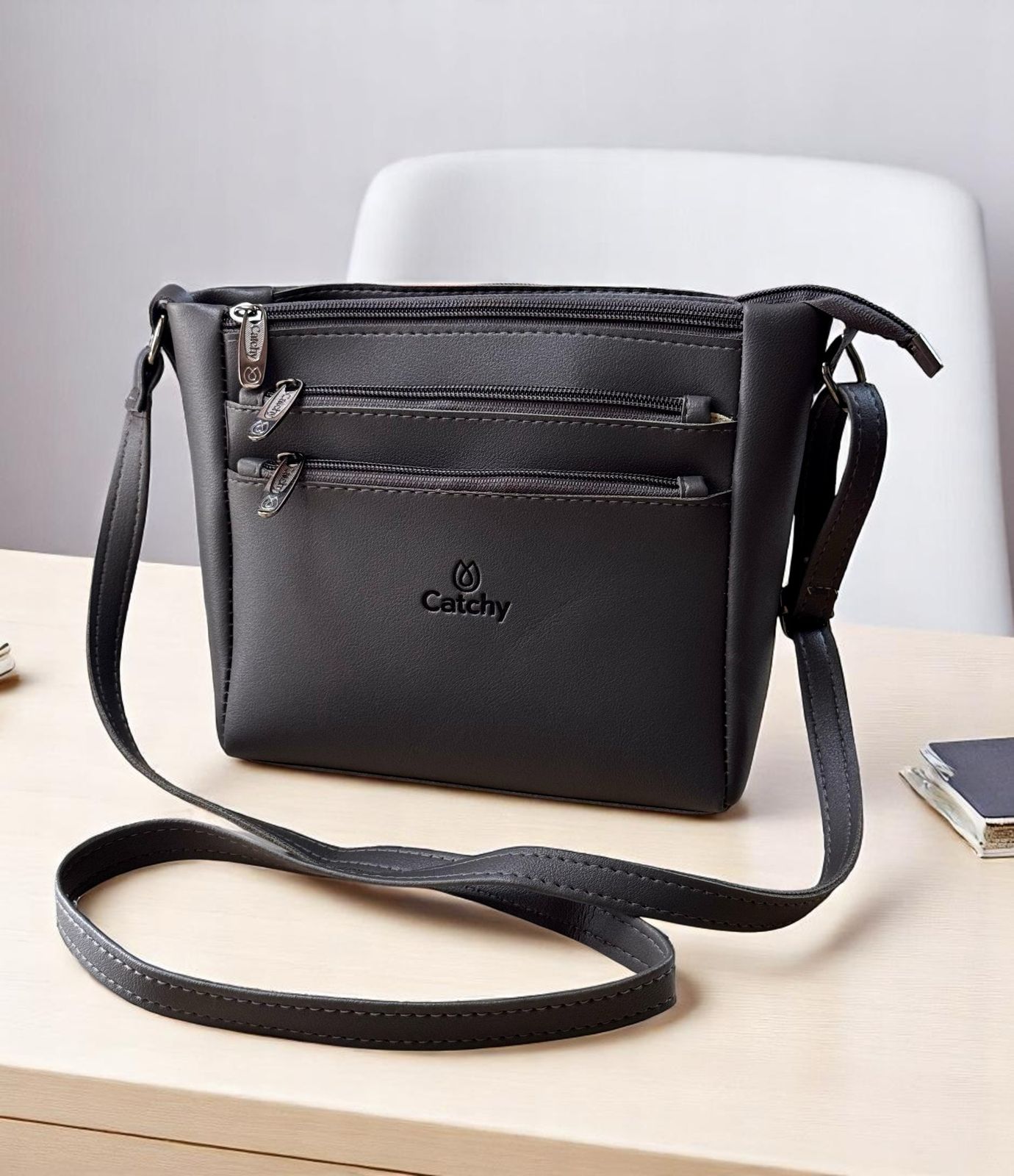 6-Zipper Leather Crossbody Sling Bag TREND BUY Black