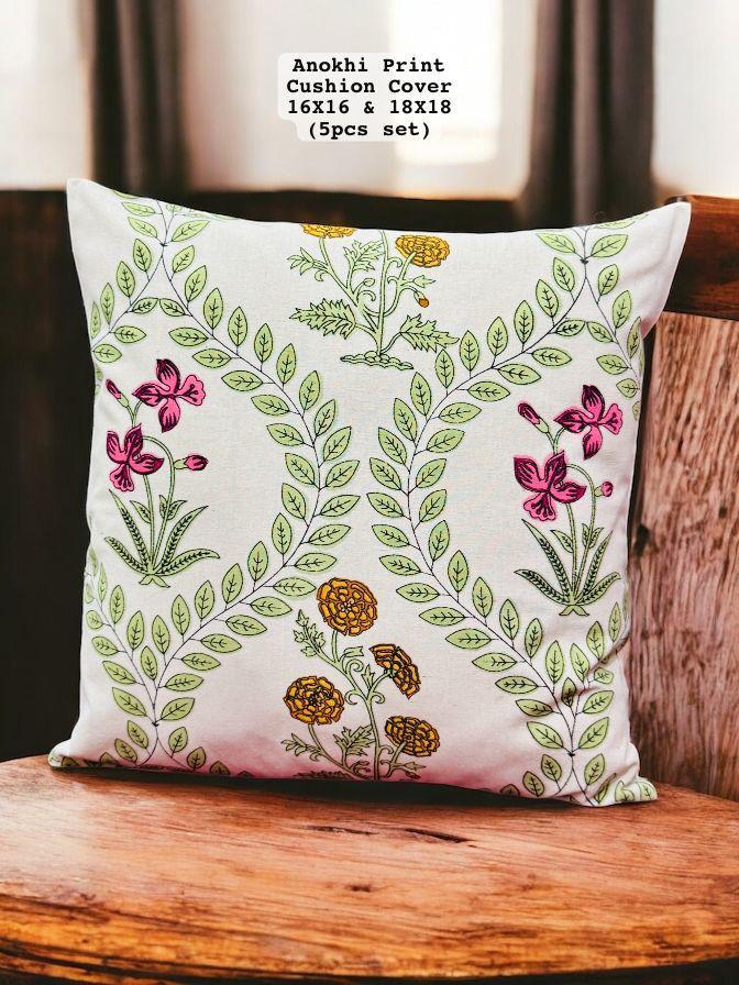 Set of 5 handcrafted-style Jaipuri cotton cushion covers.