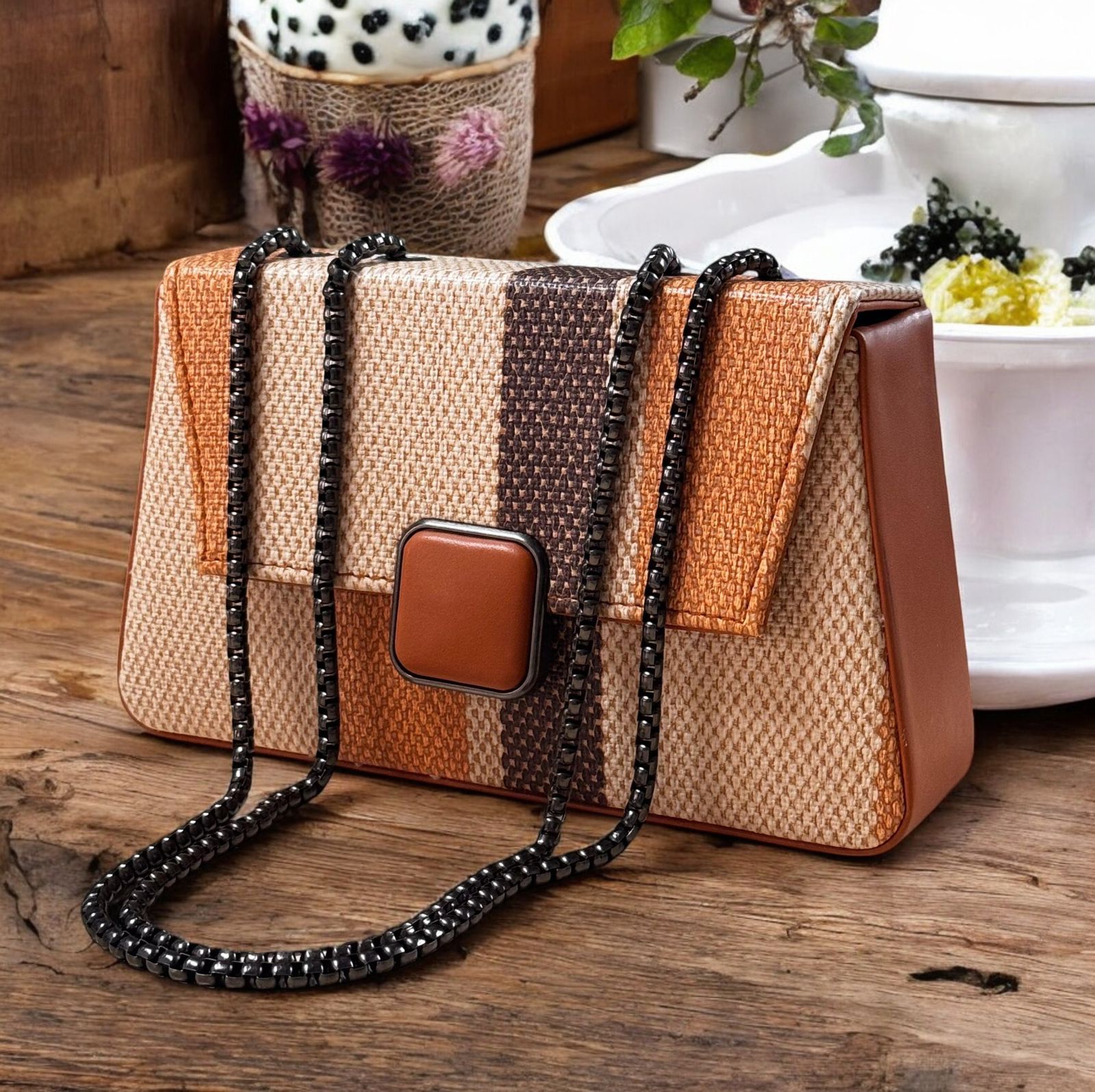Woven handbag with a chain strap on a wooden surface