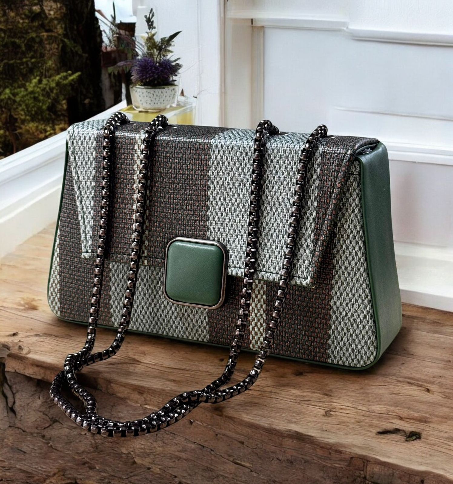 Green handbag with chain strap on a wooden surface