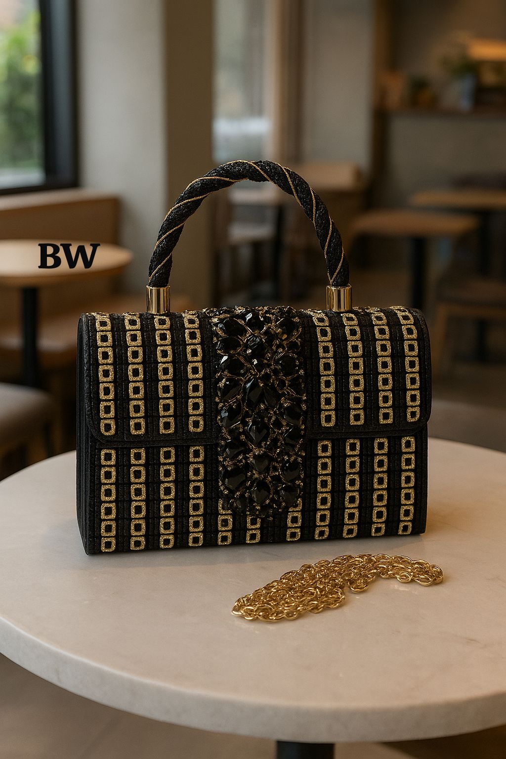 Black handbag with gold patterns on a table in a blurred indoor setting