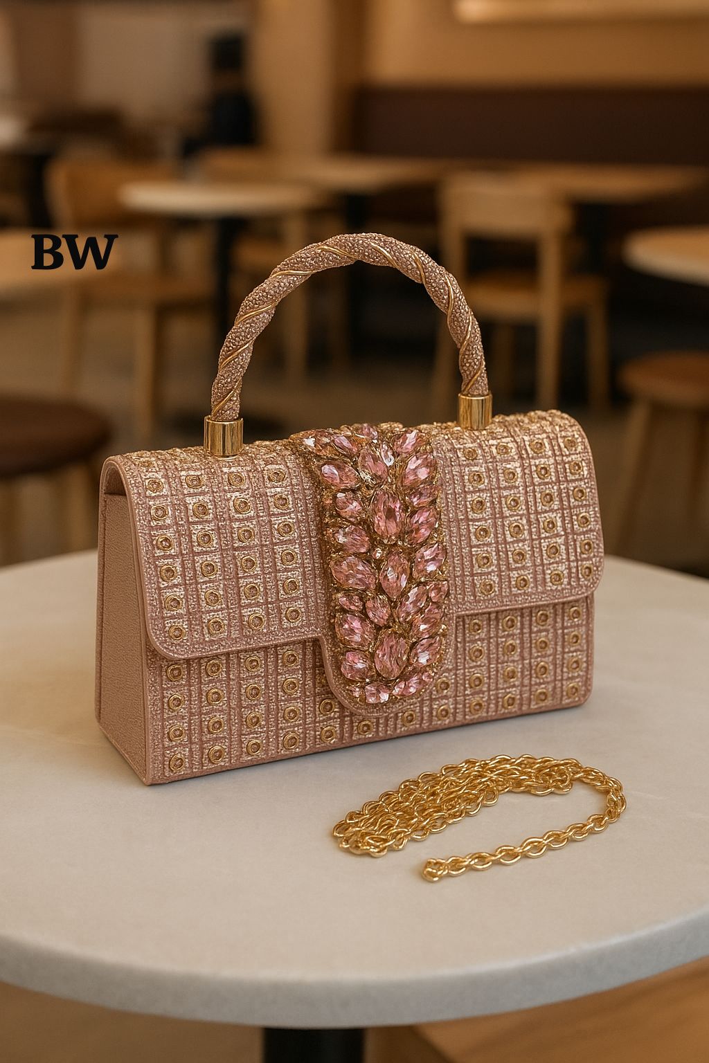 Decorative handbag with pink embellishments on a table in a blurred indoor setting