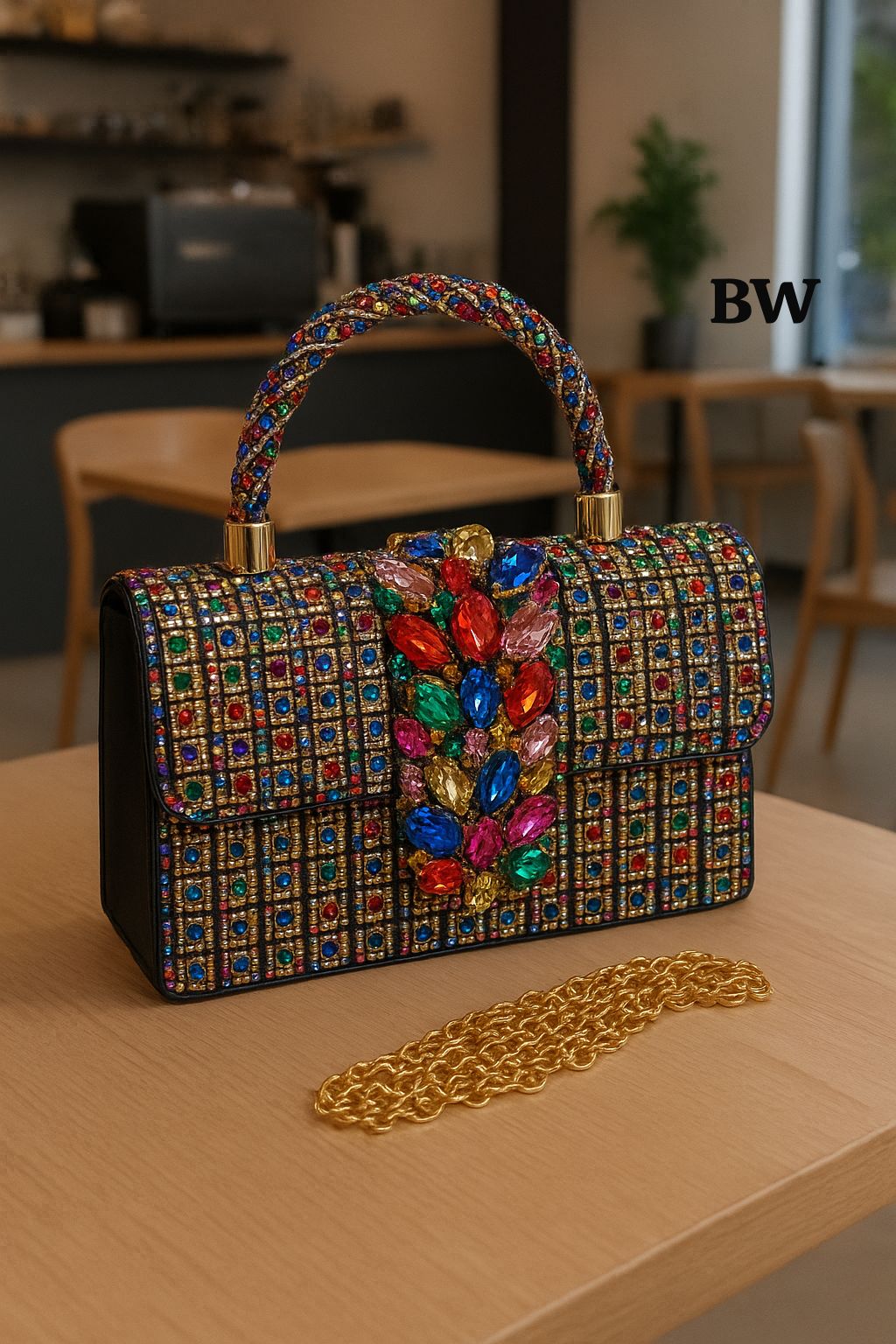 Decorative handbag with colorful gemstones on a wooden surface, blurred indoor background