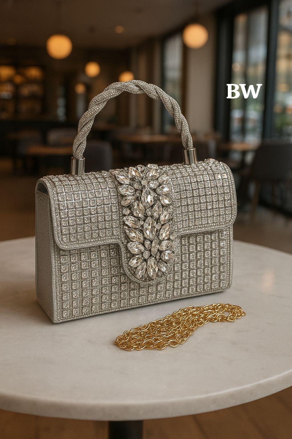 Silver handbag with decorative clasp on a table in an indoor setting