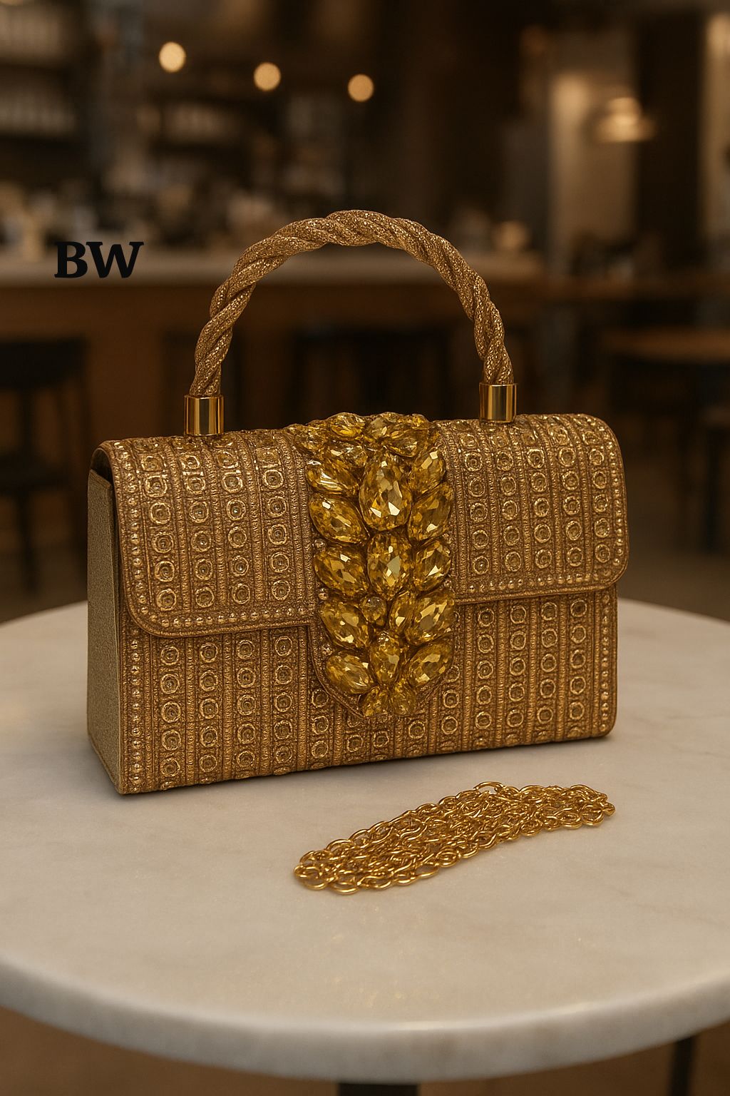 Gold handbag with intricate design on a marble surface
