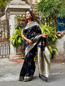 Black Banarasi Jaal Soft Silk Saree with Silver Zari Woven | TRENDBUY