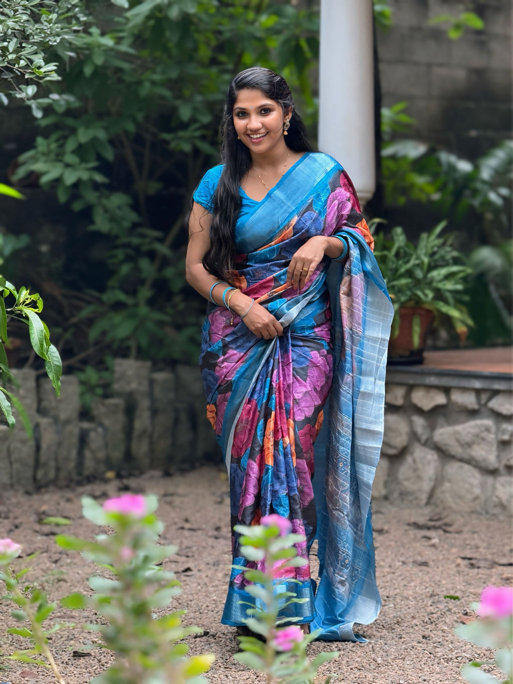 Floral Blue Printed Silk Saree