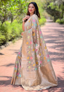 Premium Gray Organza Floral Zari Woven Saree for Weddings and Festive Celebrations