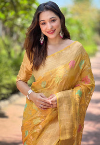 Premium Golden Organza Floral Zari Woven Saree for Weddings and Festive Celebrations