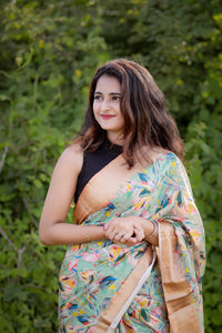 Green & Gold Printed Saree | TRENDBUY