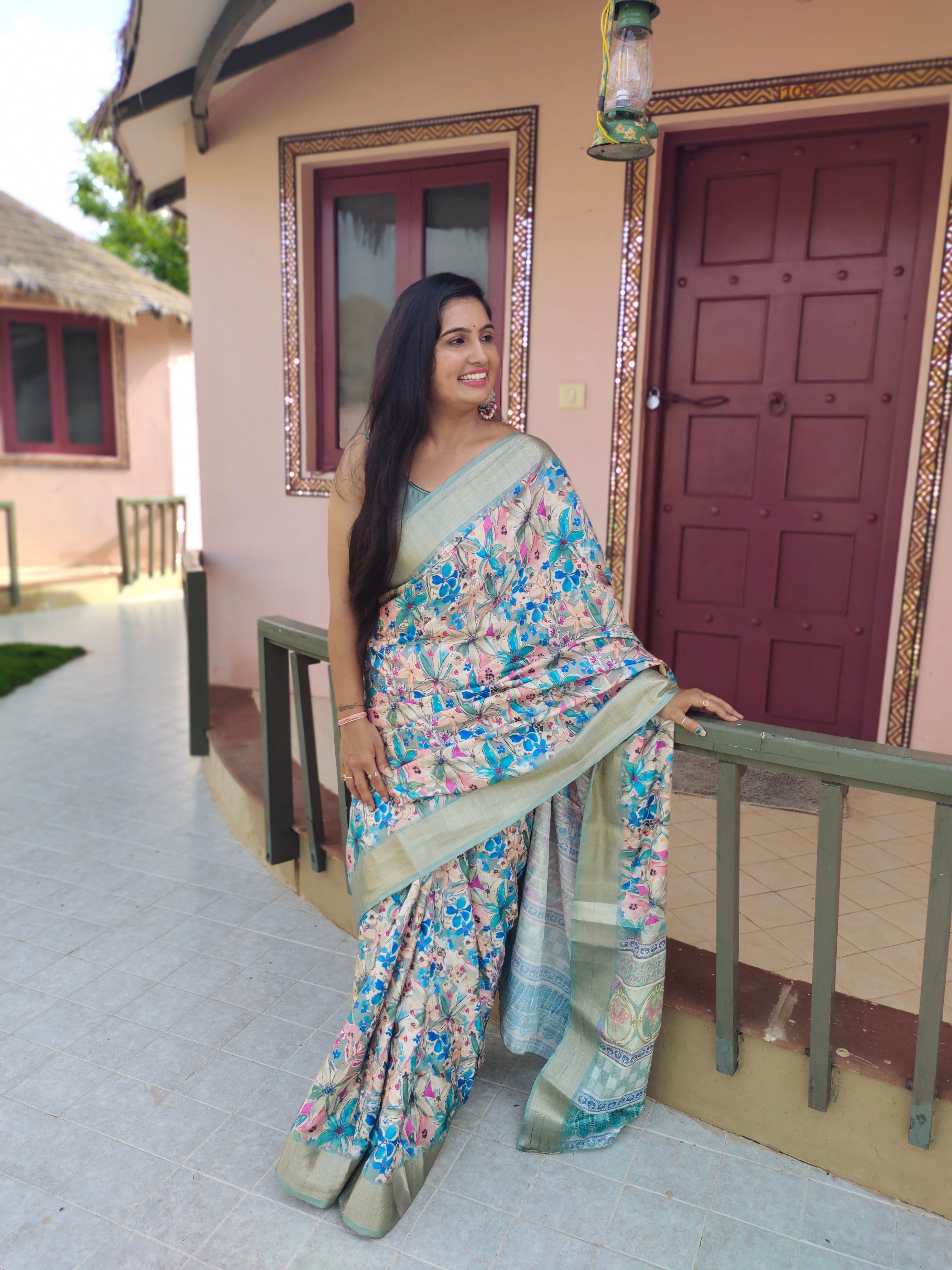 Stunning latest designer digital print saree with matching blouse