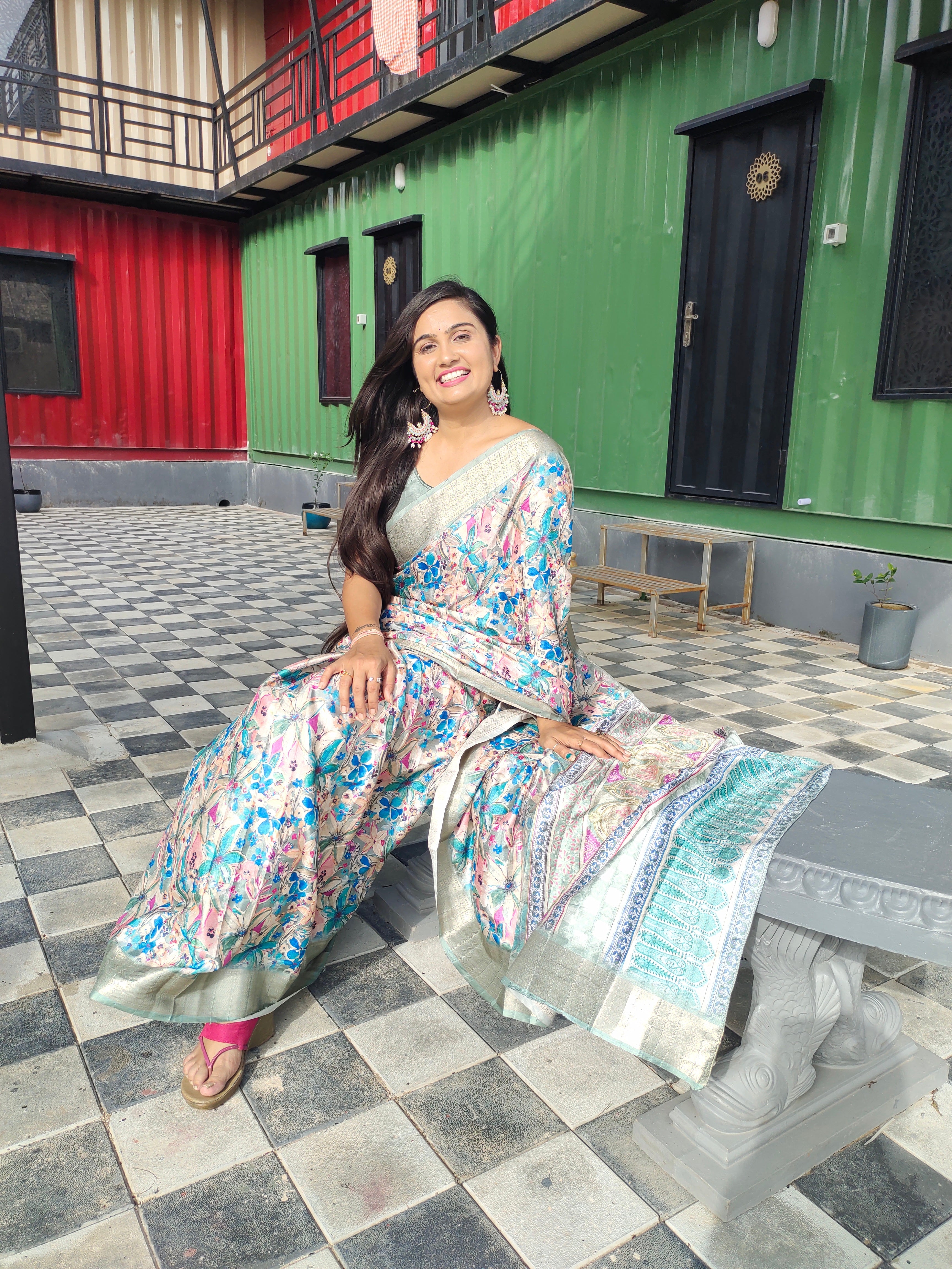 Latest designer digital printed saree with matching blouse piece