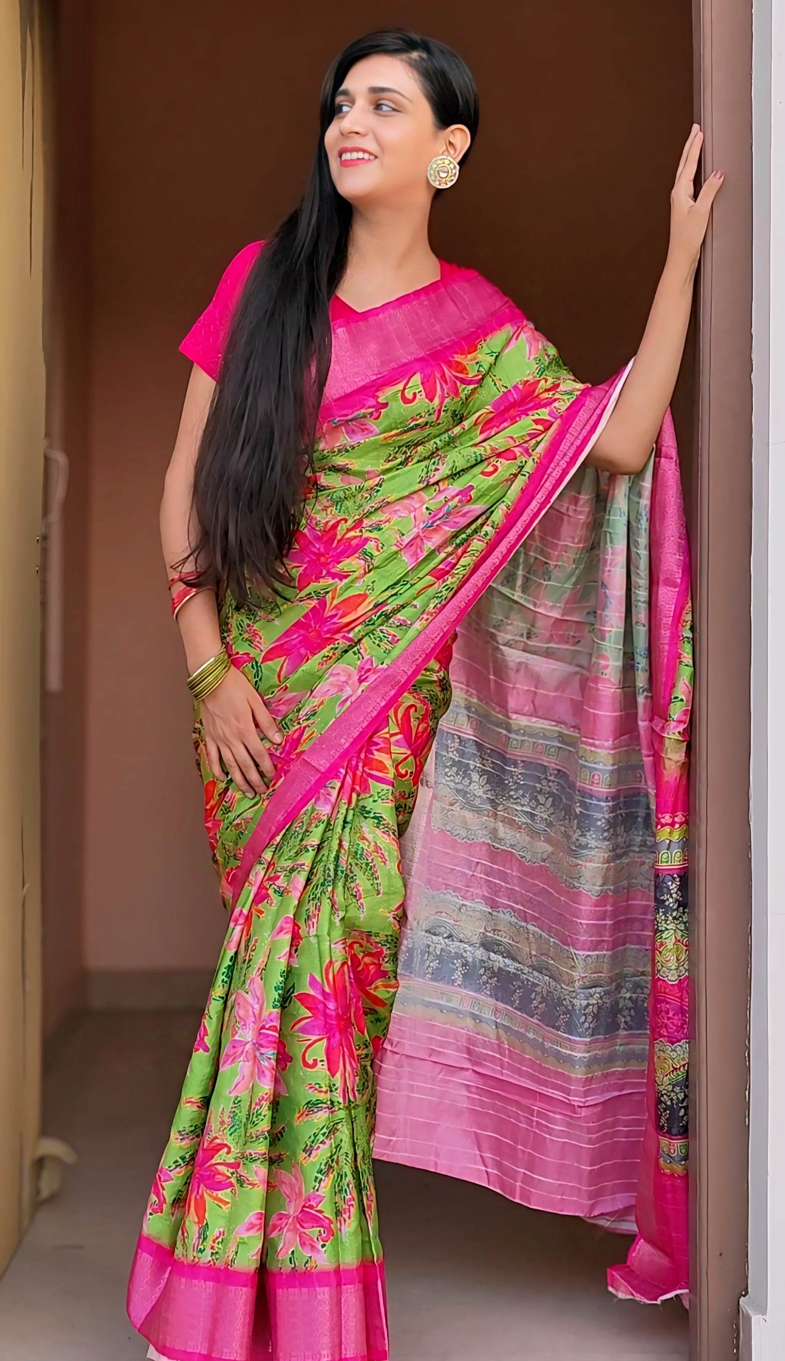 Light Green and Pink Silk Saree
