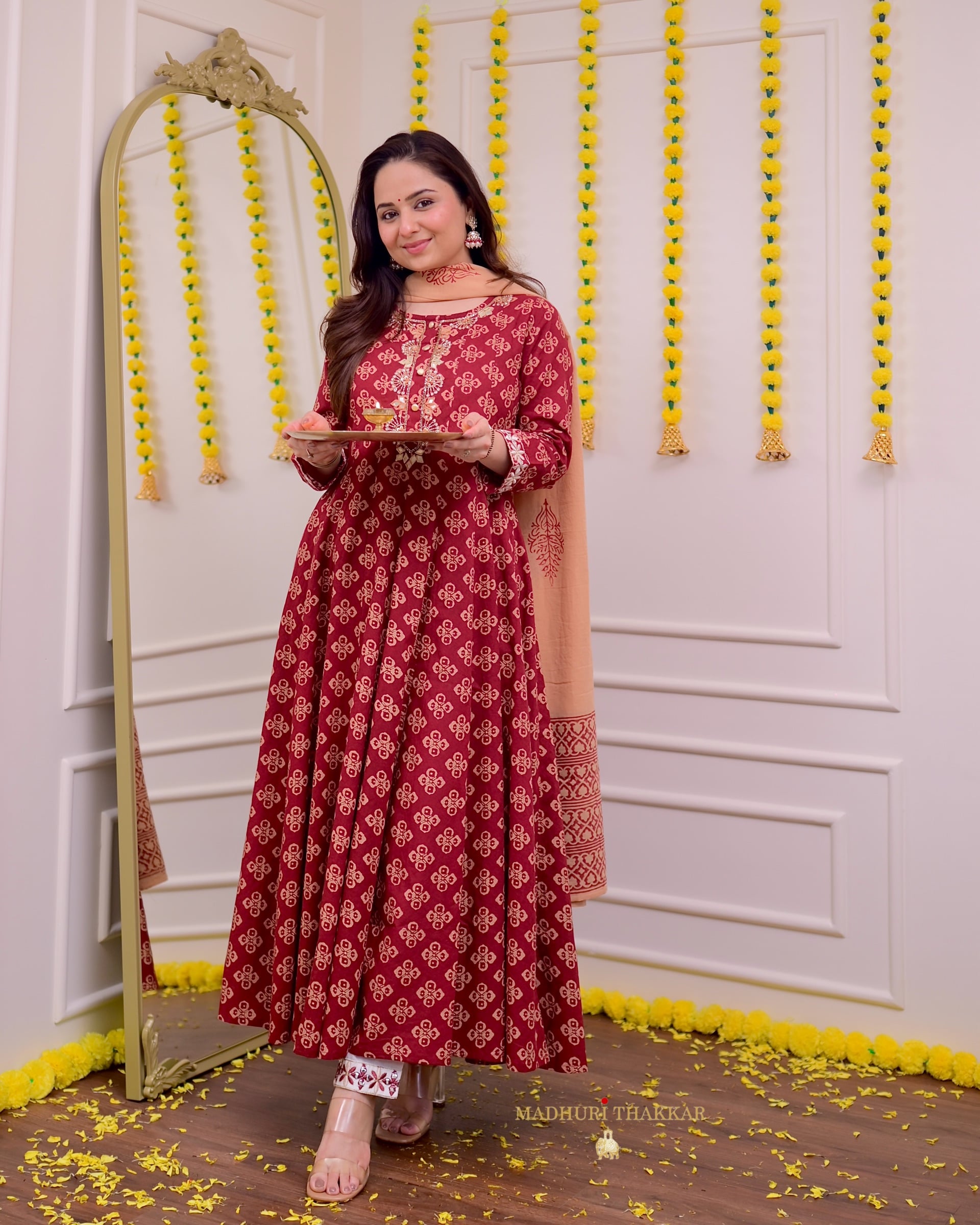 Maroon Handwork Cotton Printed A Line Suit