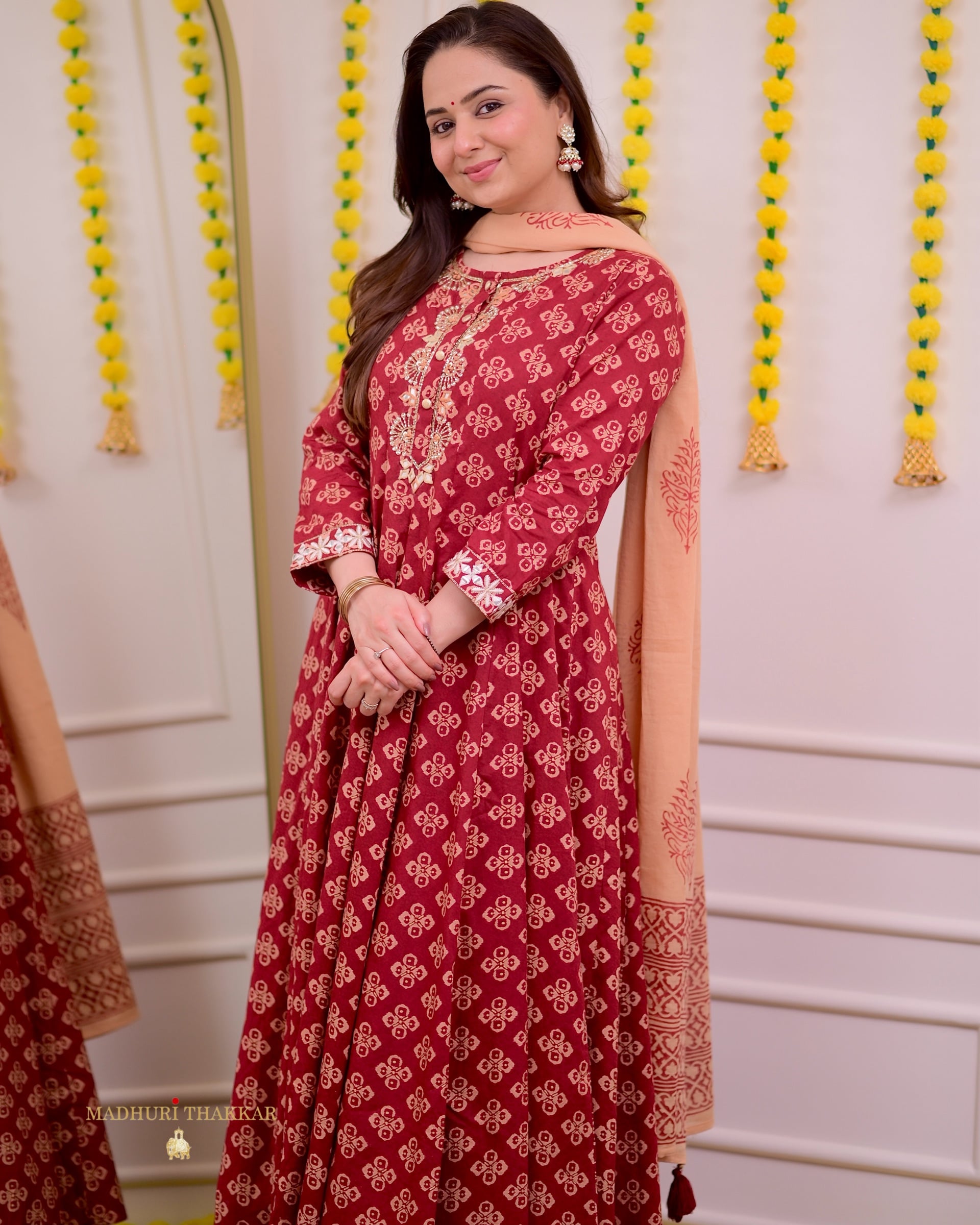 Maroon Handwork Cotton Printed A Line Suit