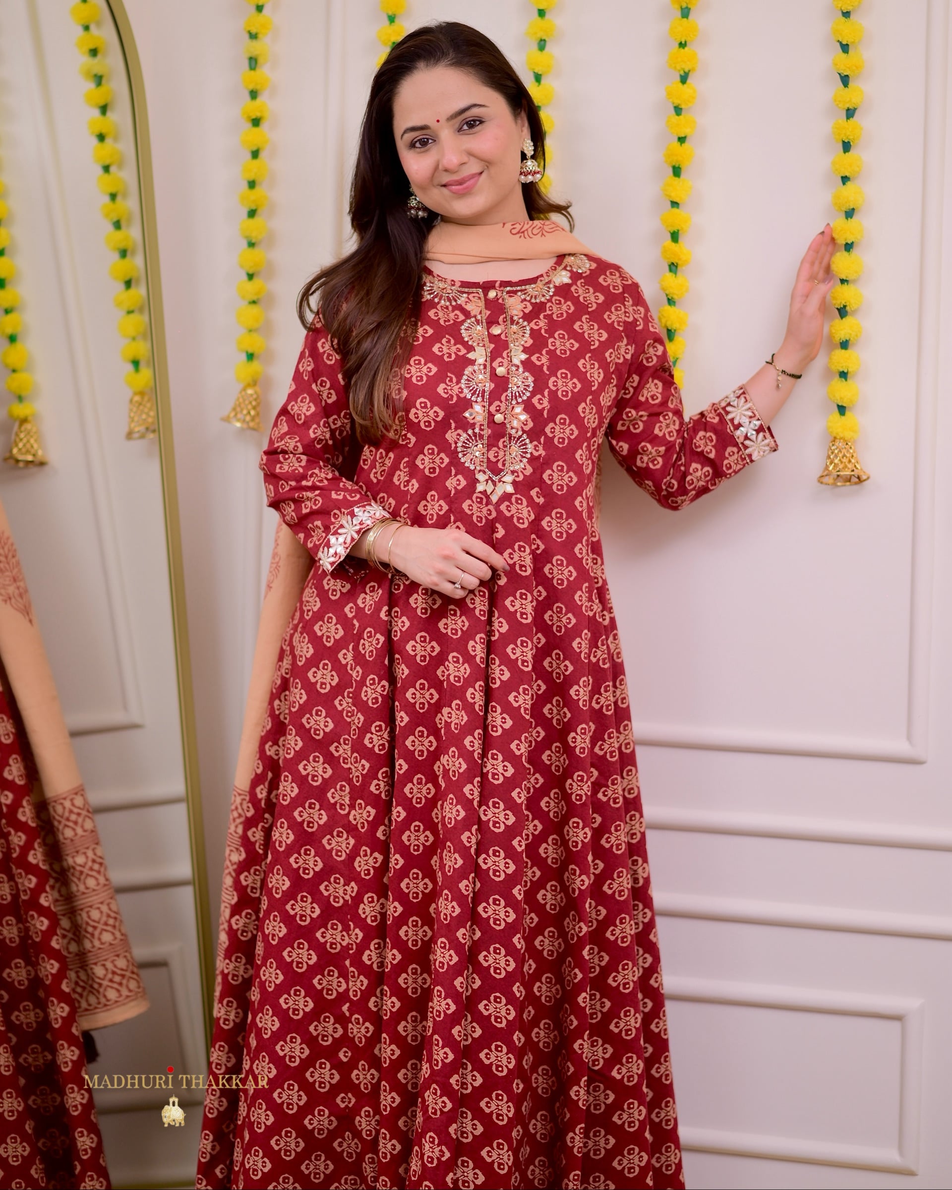 Maroon Handwork Cotton Printed A Line Suit