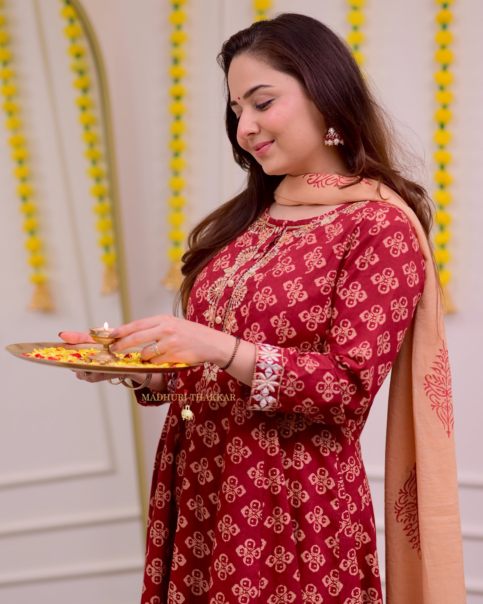 Maroon Handwork Cotton Printed A Line Suit