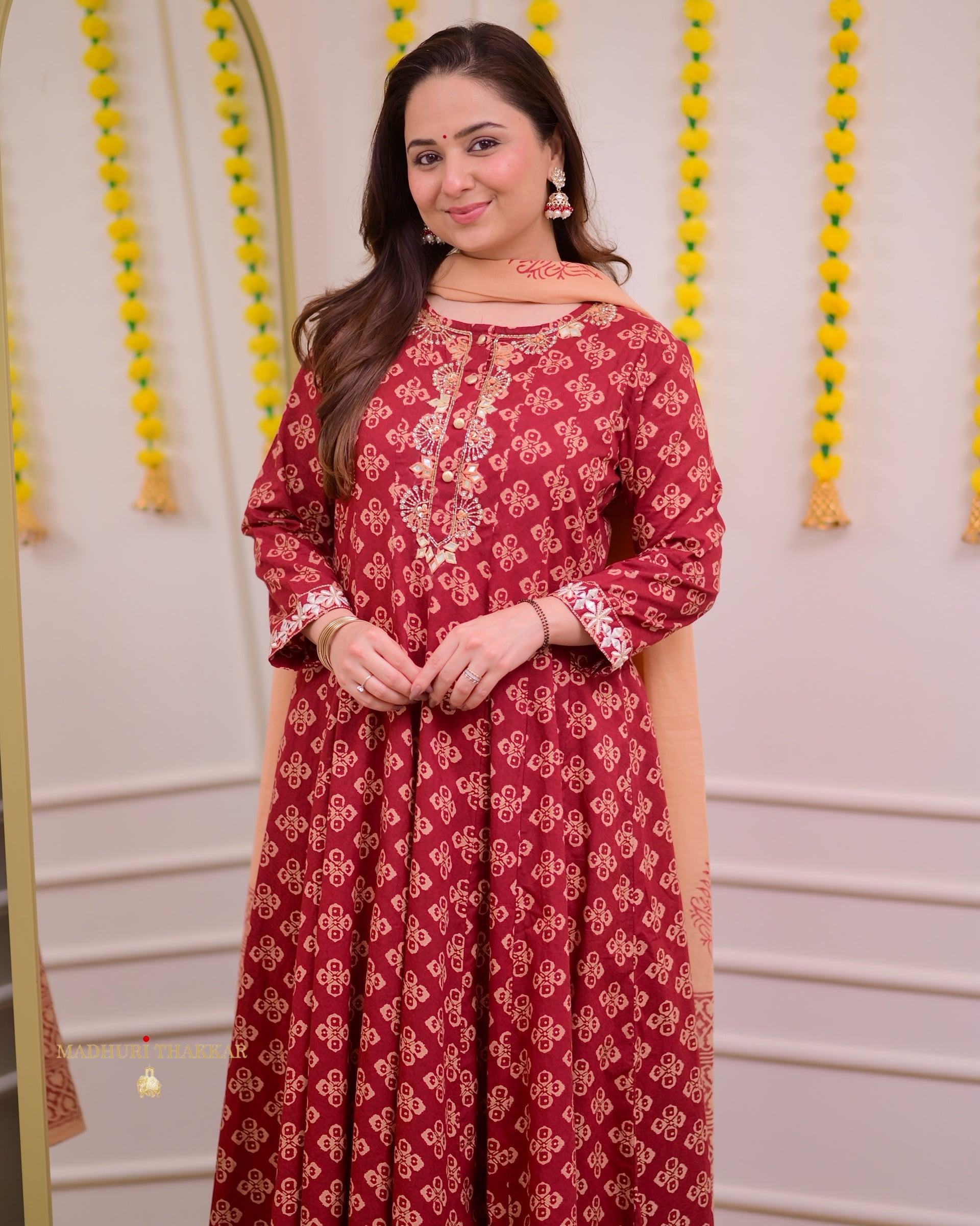 Maroon Handwork Cotton Printed A Line Suit