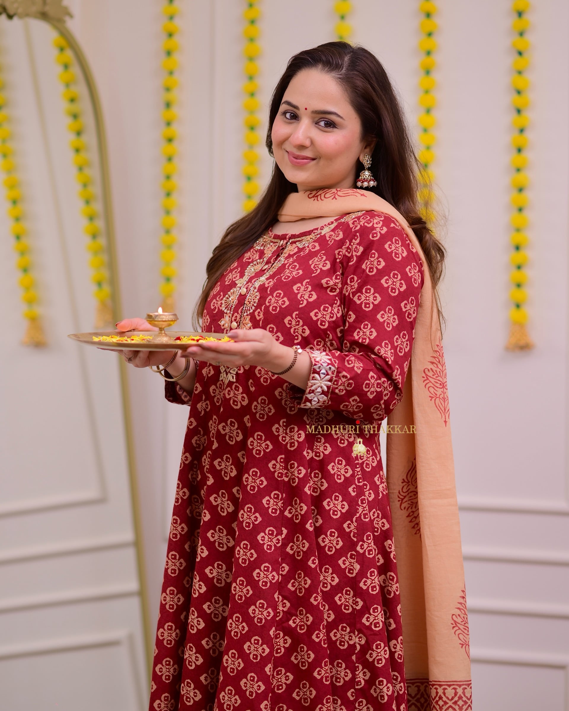 Maroon Handwork Cotton Printed A Line Suit