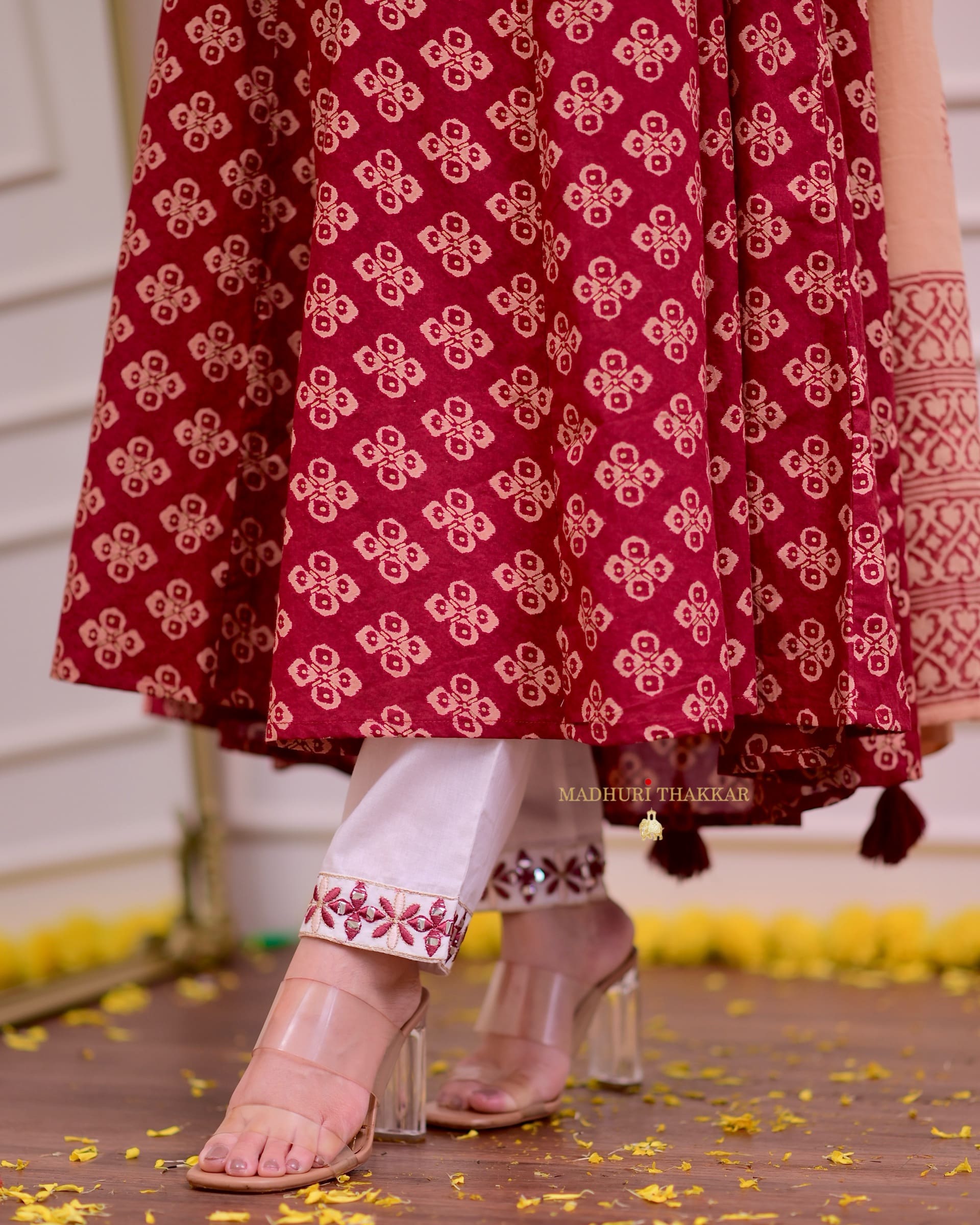 Maroon Handwork Cotton Printed A Line Suit