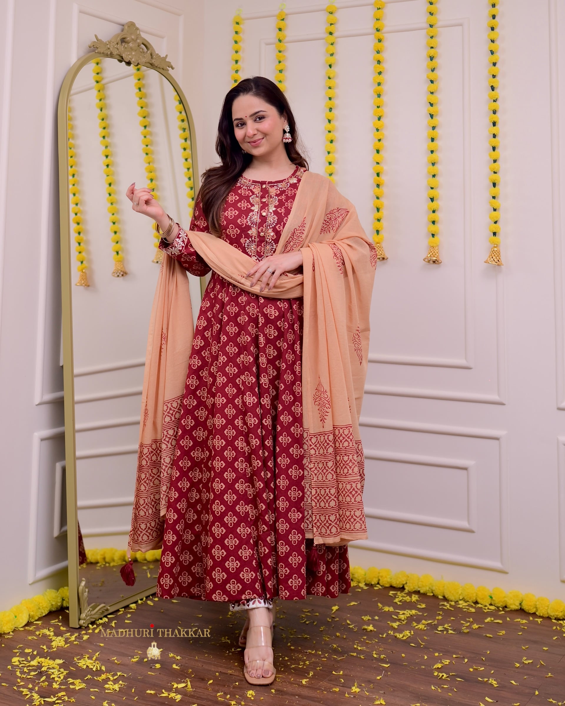 Maroon Handwork Cotton Printed A Line Suit