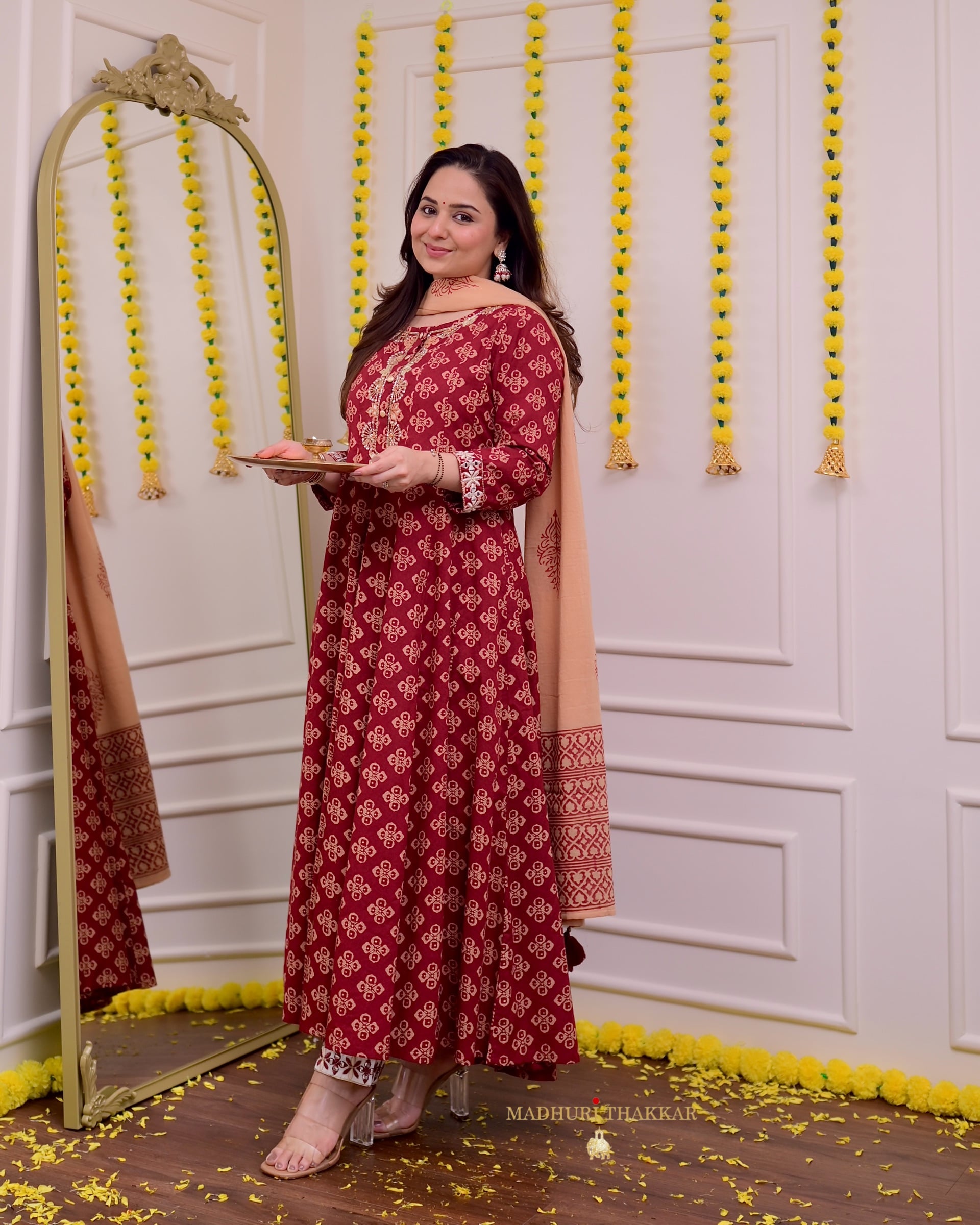 Maroon Handwork Cotton Printed A Line Suit