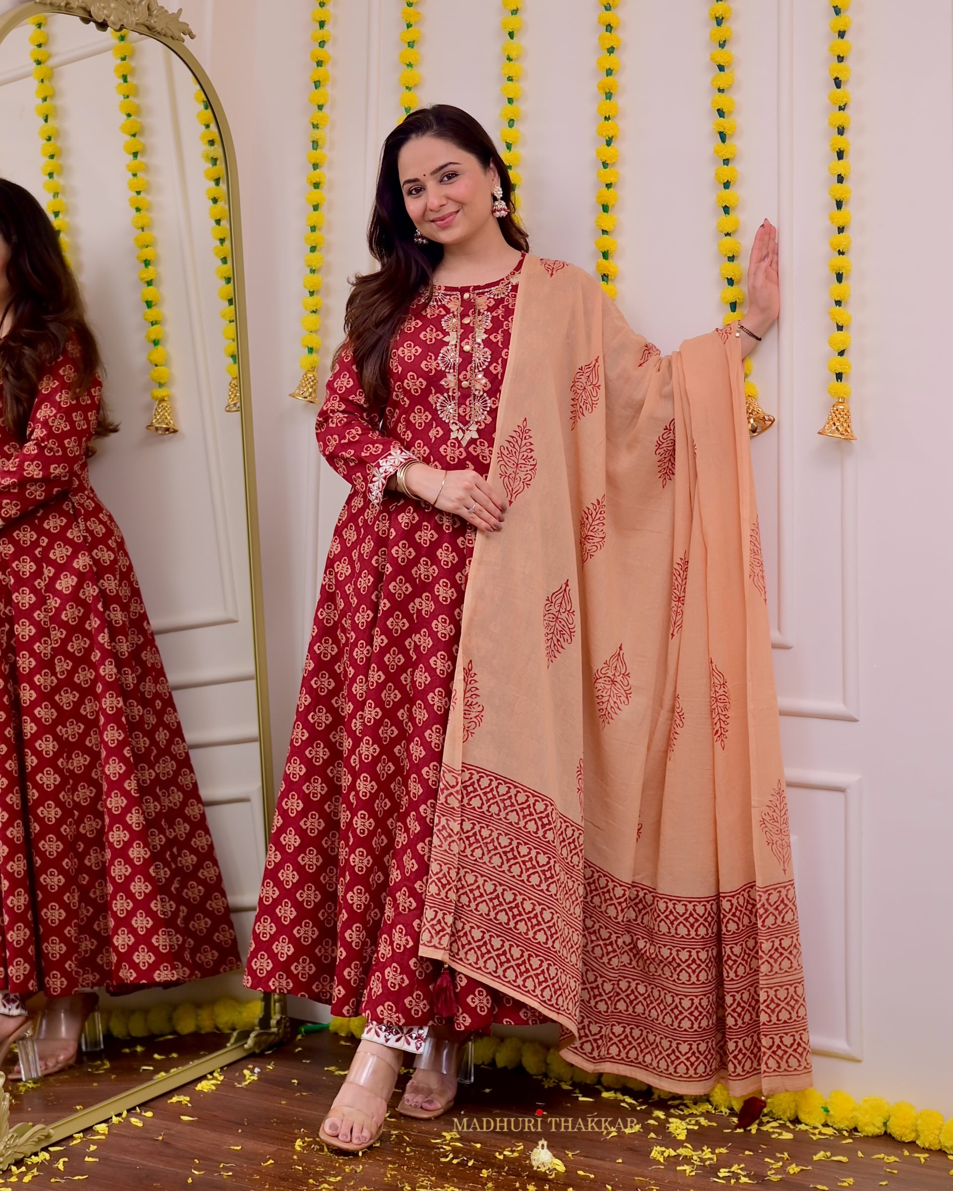 Maroon Handwork Cotton Printed A Line Suit