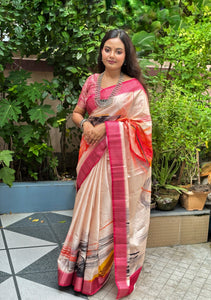 Cream Colour Silk Saree with Pink Border | TRENDBUY