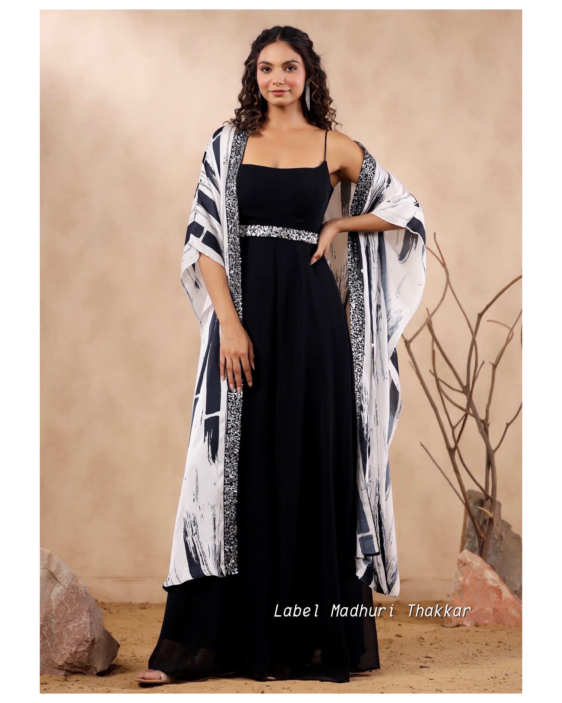Black Embroidered Jump Suit With Cape