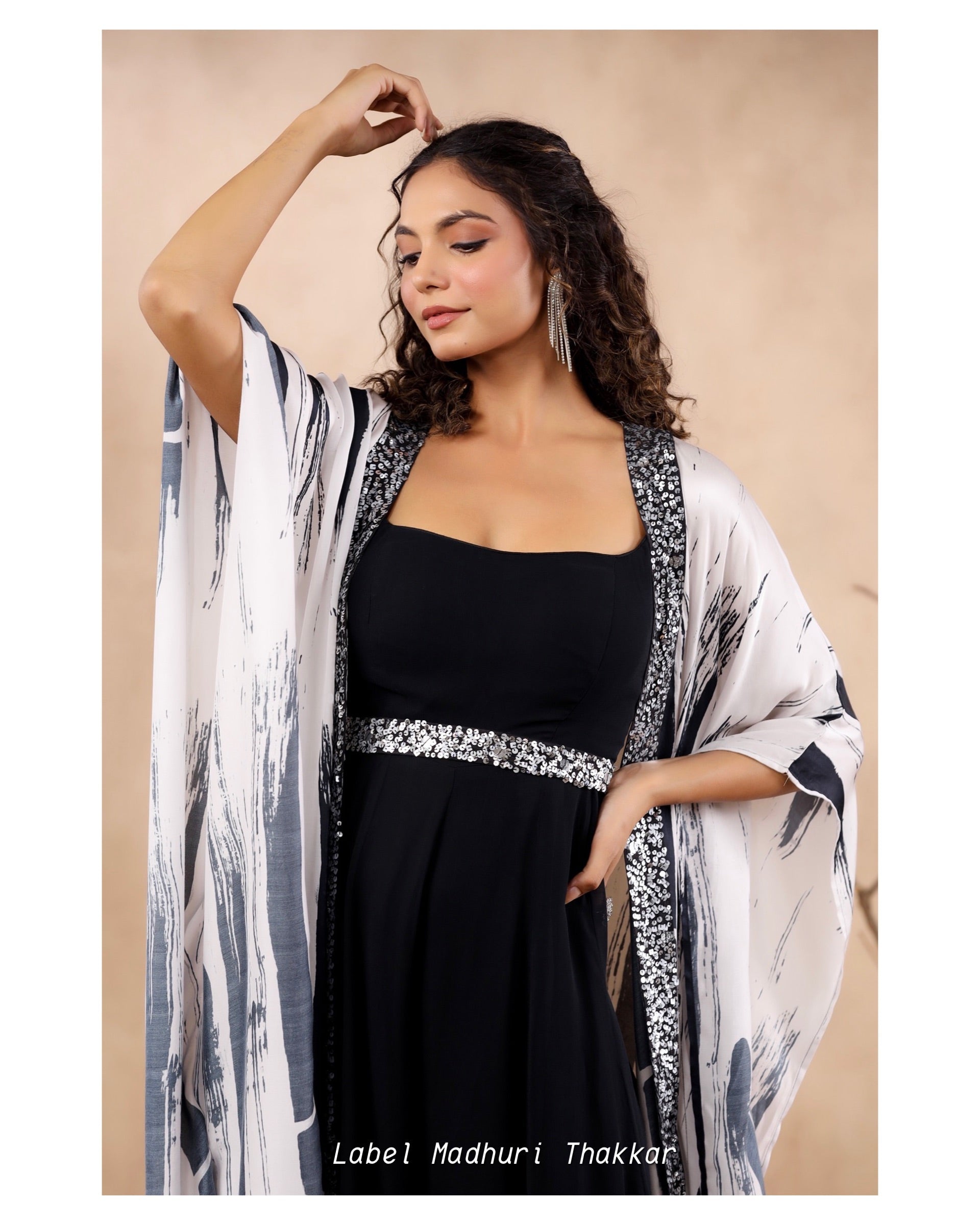 Black Embroidered Jump Suit With Cape