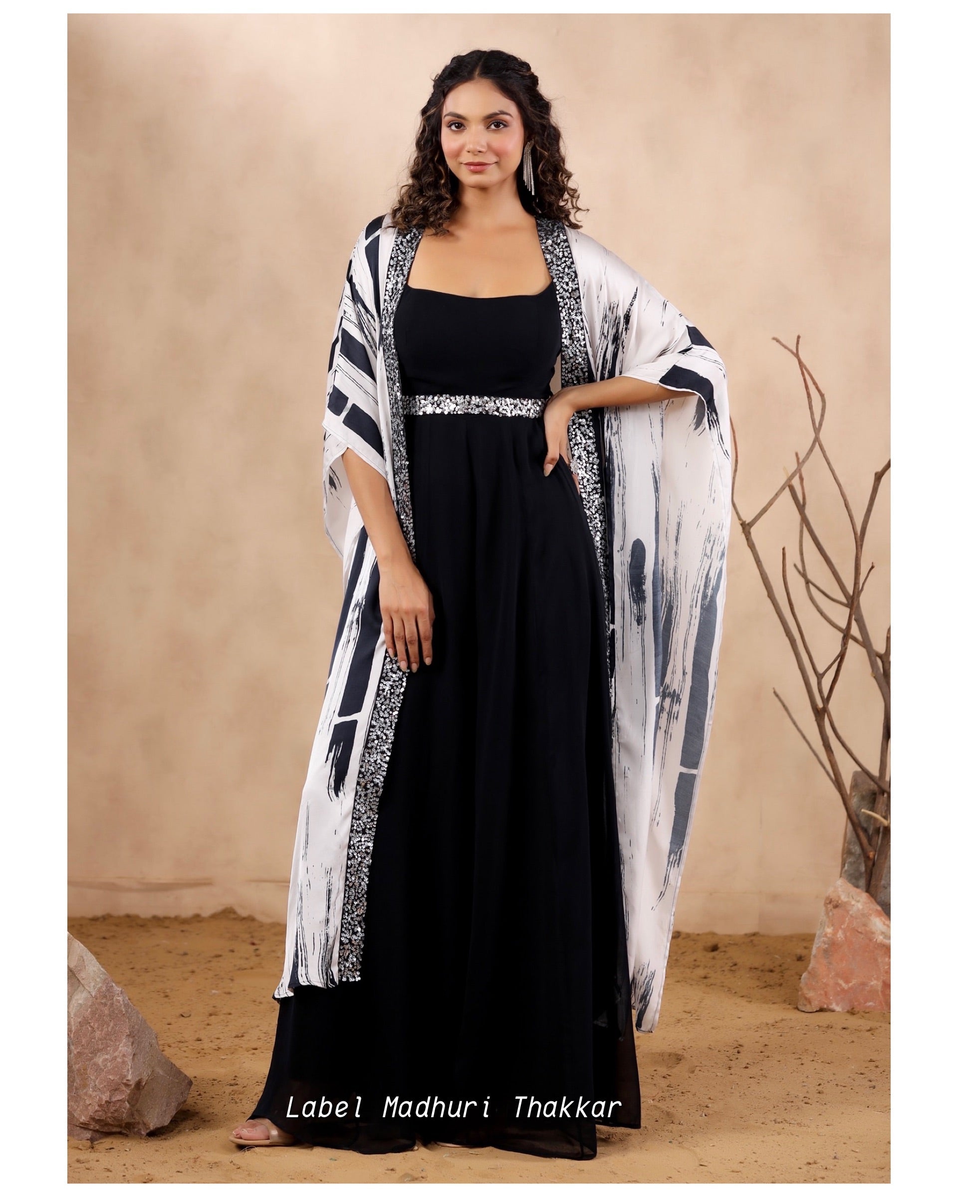 Black Embroidered Jump Suit With Cape