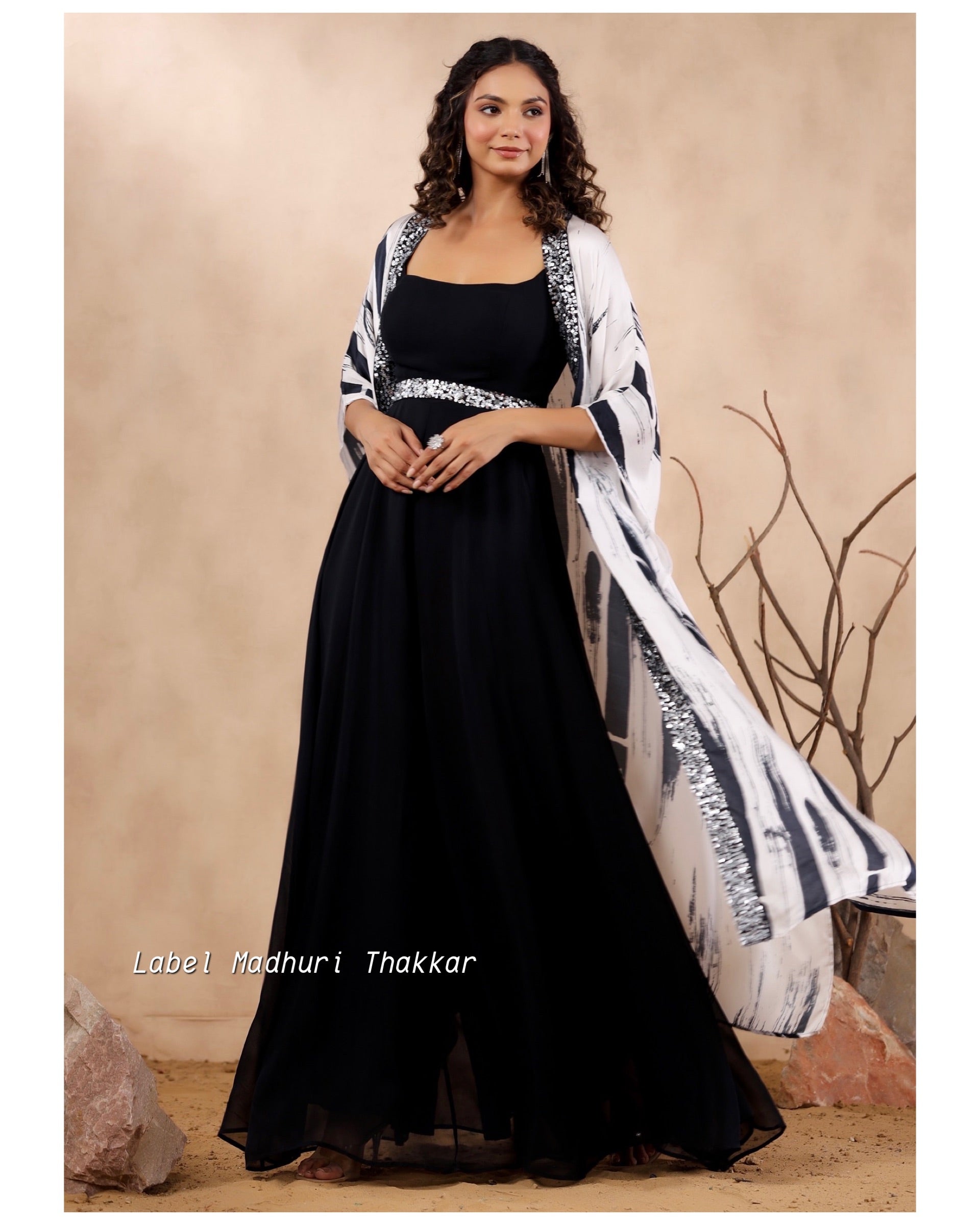 Black Embroidered Jump Suit With Cape