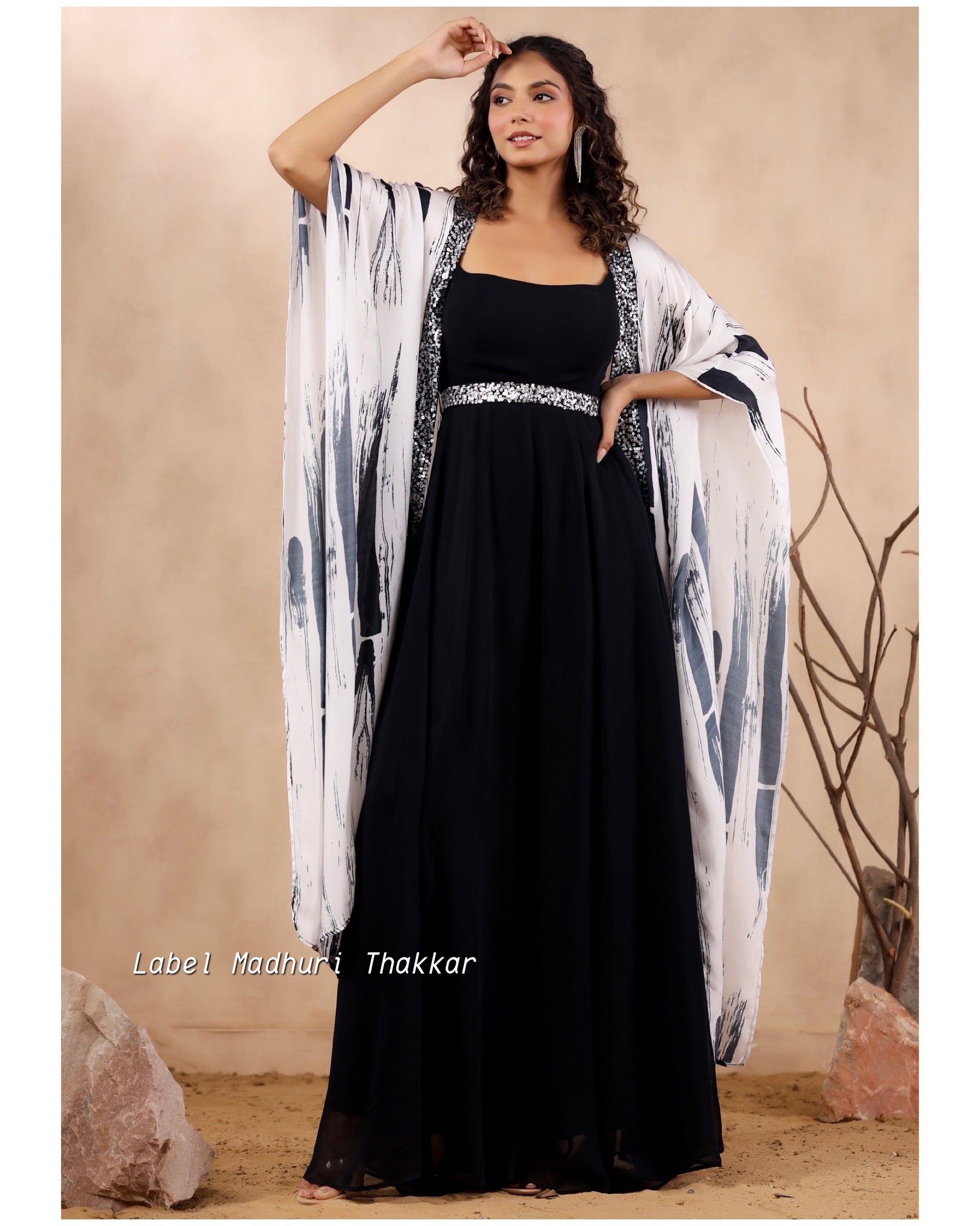 Black Embroidered Jump Suit With Cape