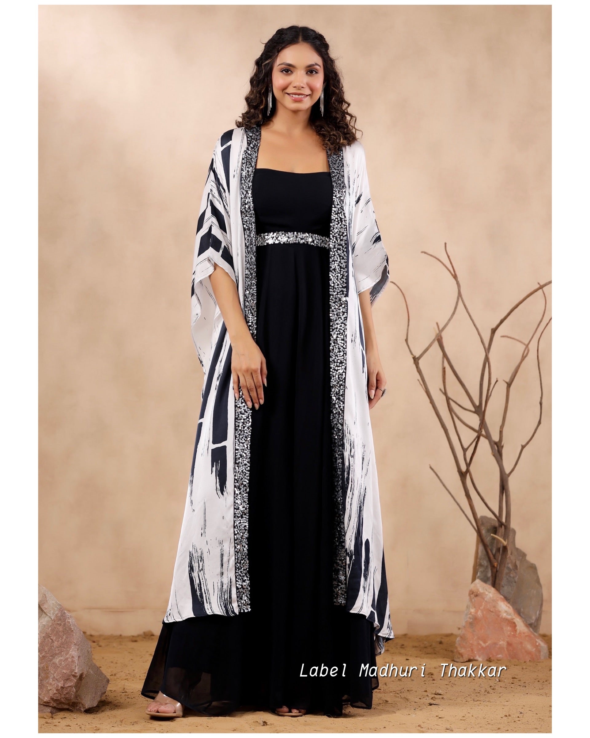 Black Embroidered Jump Suit With Cape