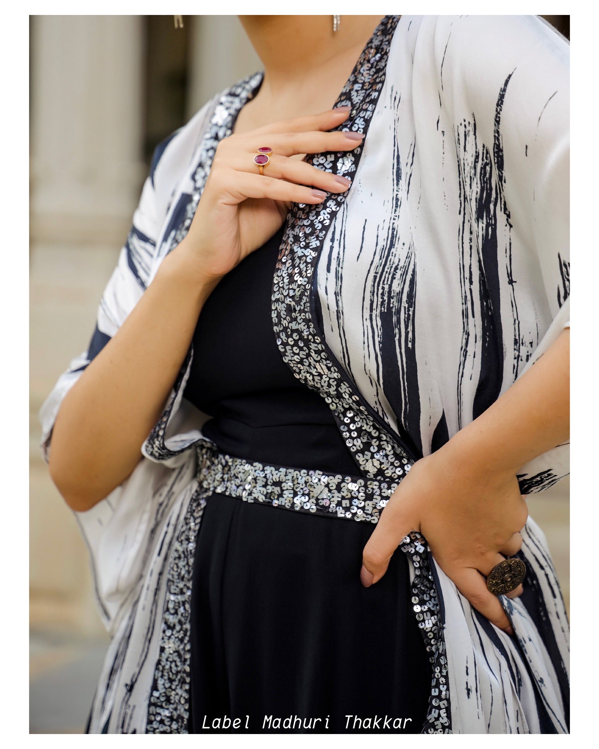 Black Embroidered Jump Suit With Cape