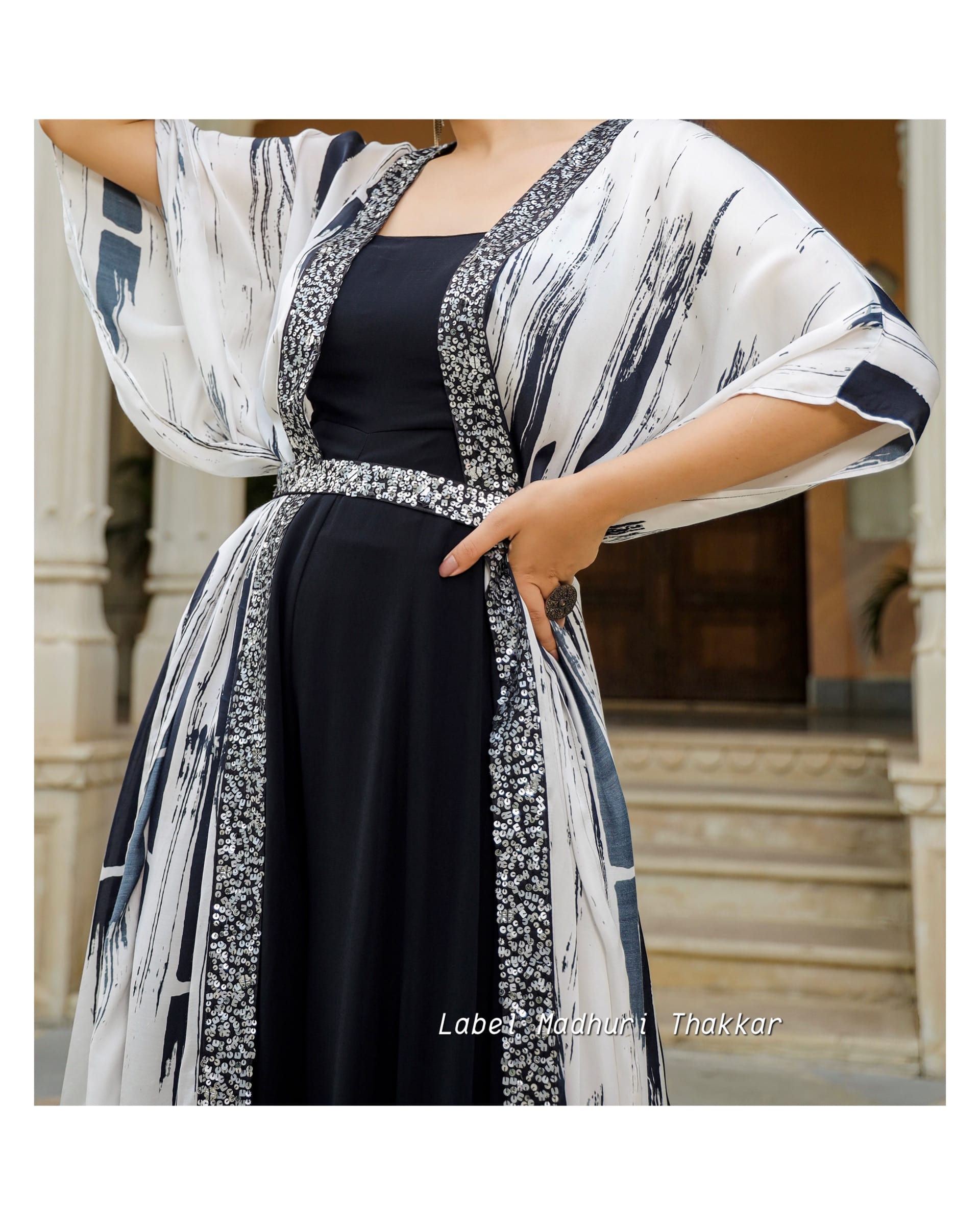 Black Embroidered Jump Suit With Cape