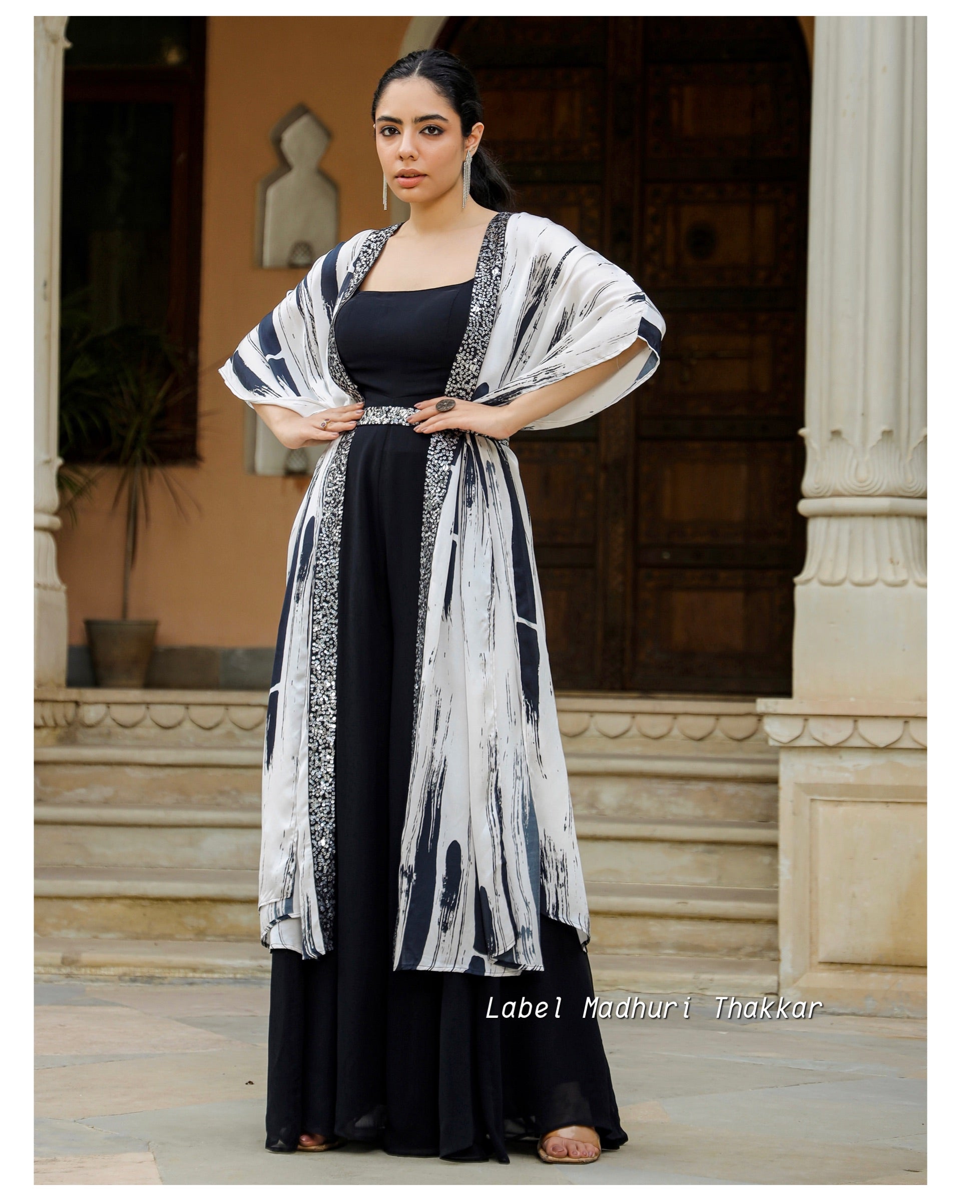 Black Embroidered Jump Suit With Cape