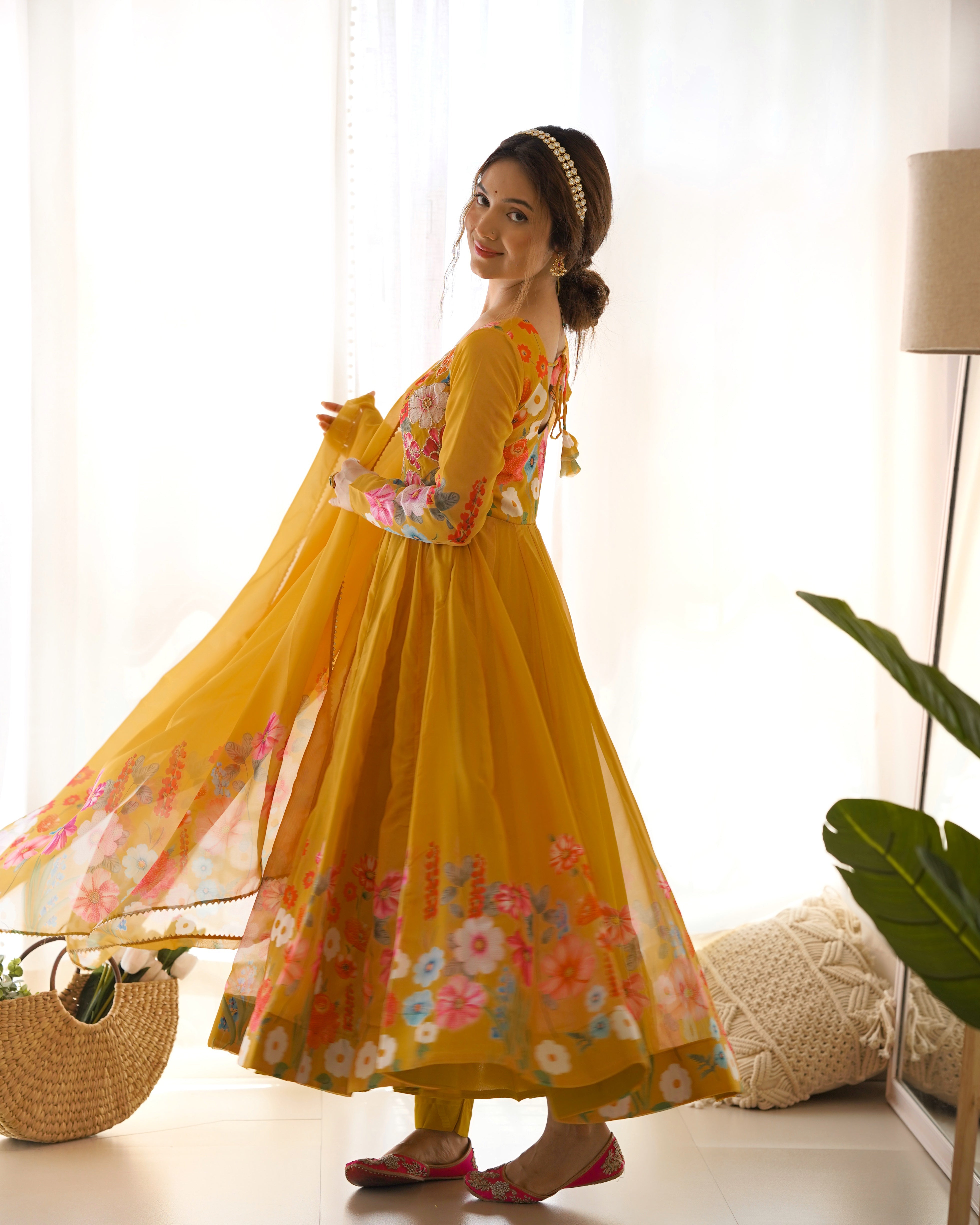Yellow Floral Anarkali Suit with Pant Dupatta