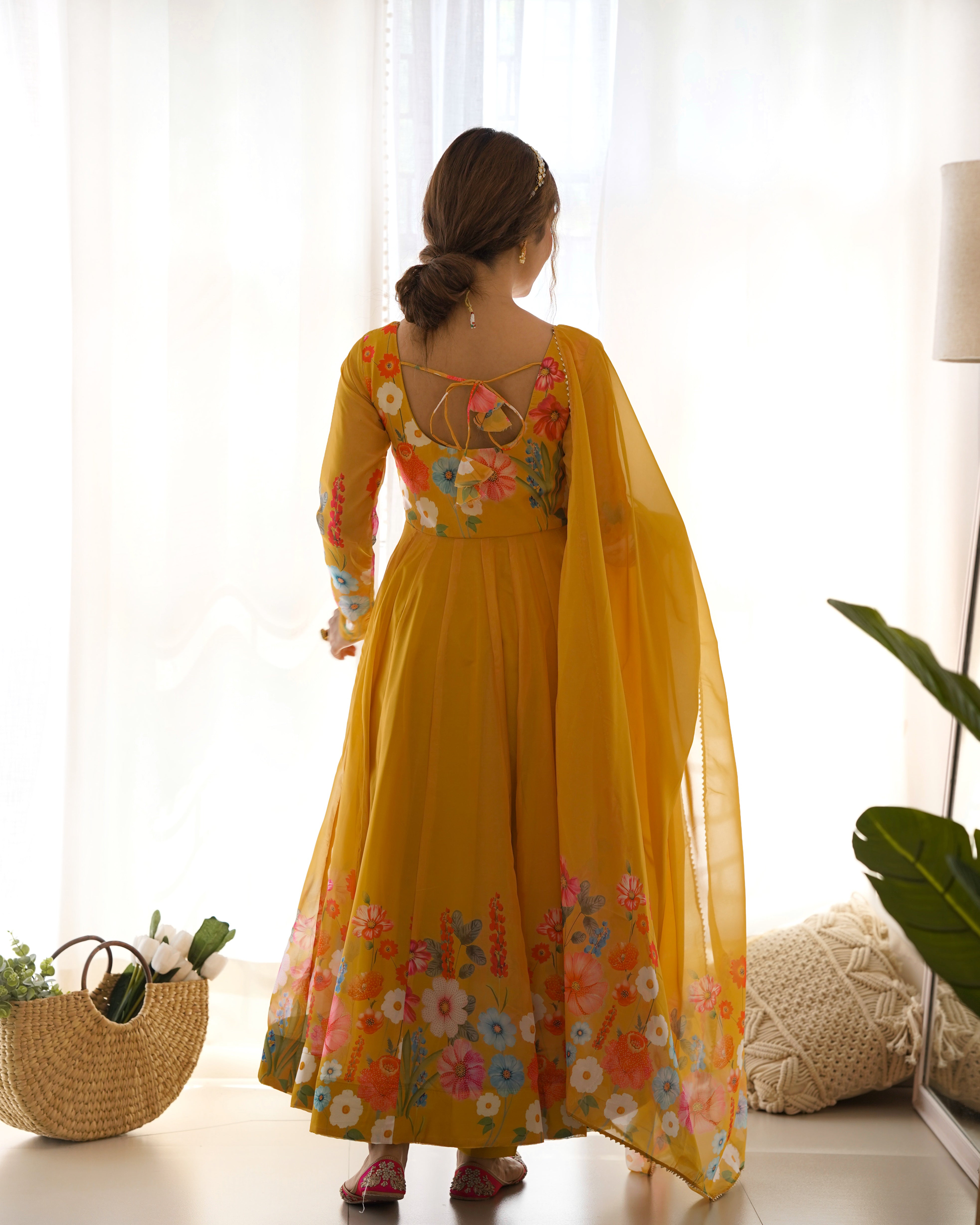 Yellow Floral Anarkali Suit with Pant Dupatta