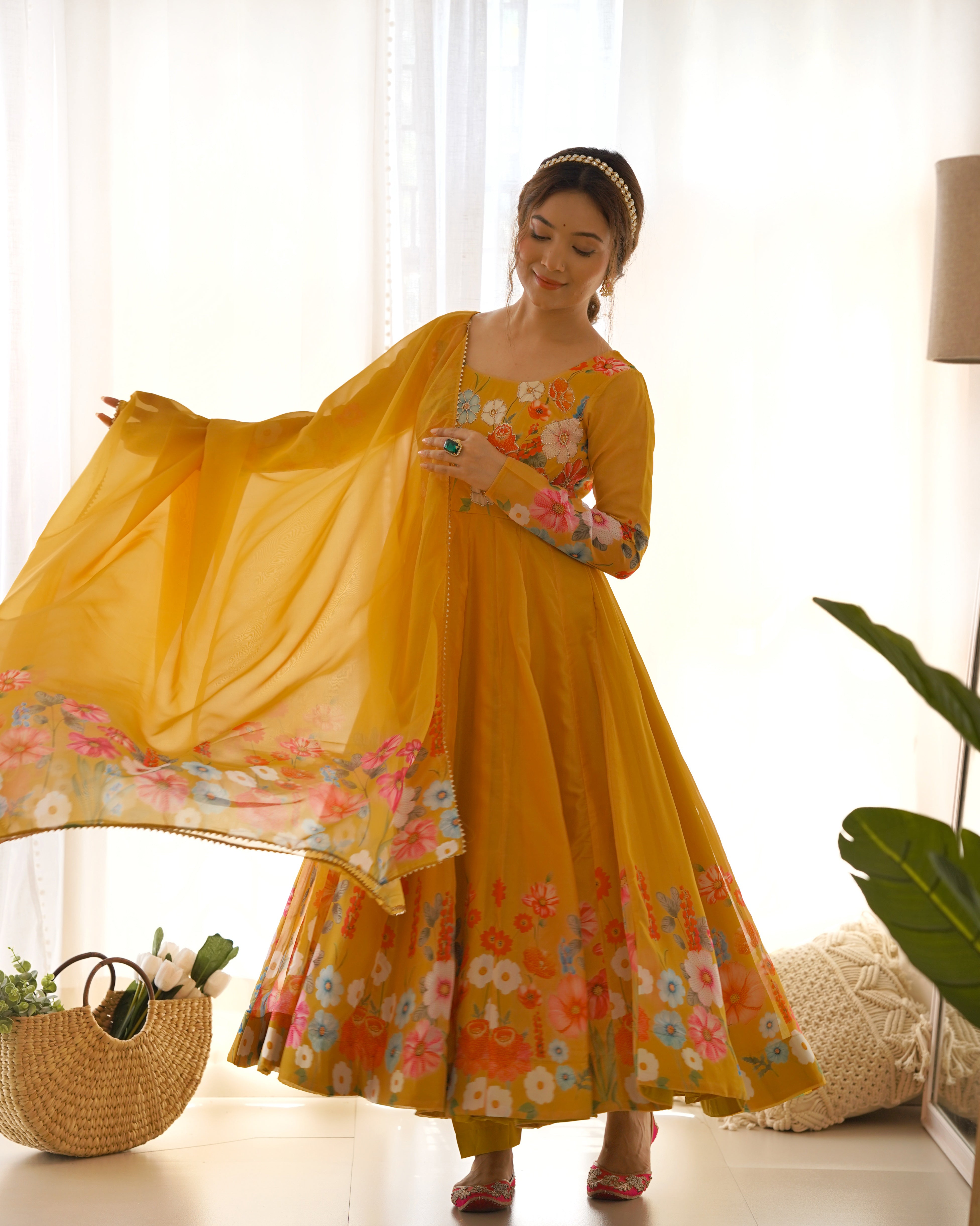Yellow Floral Anarkali Suit with Pant Dupatta