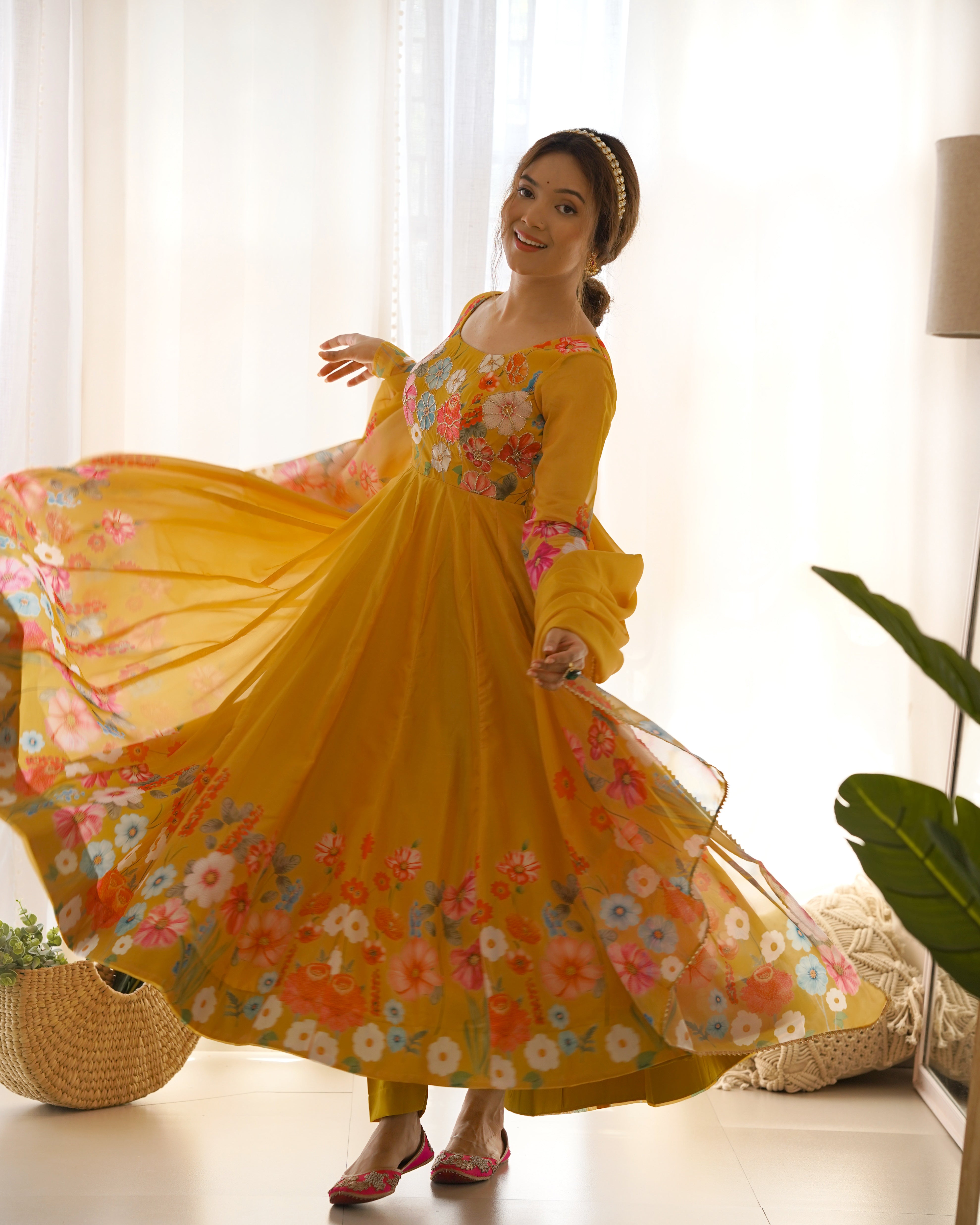 Yellow Floral Anarkali Suit with Pant Dupatta