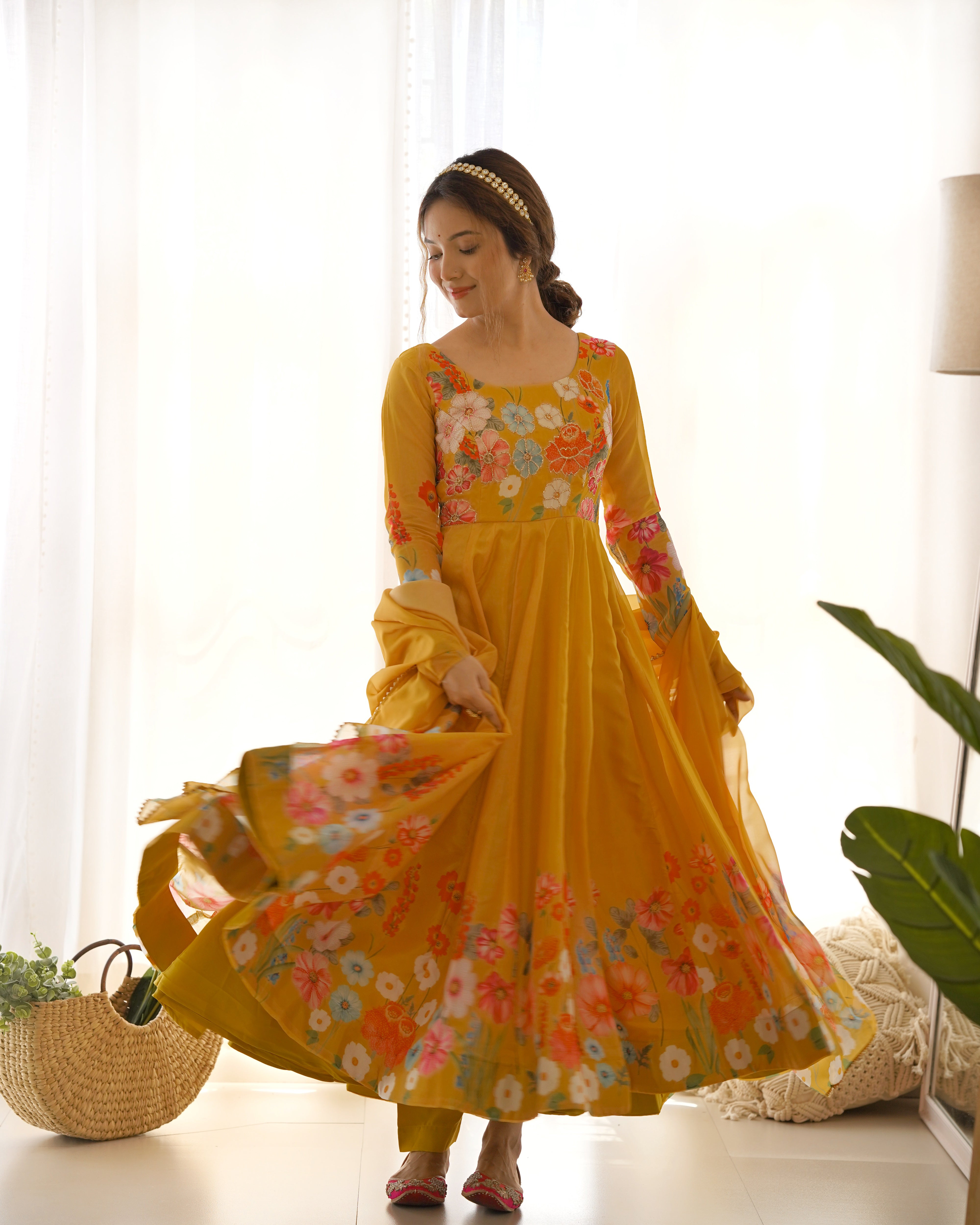 Yellow Floral Anarkali Suit with Pant Dupatta