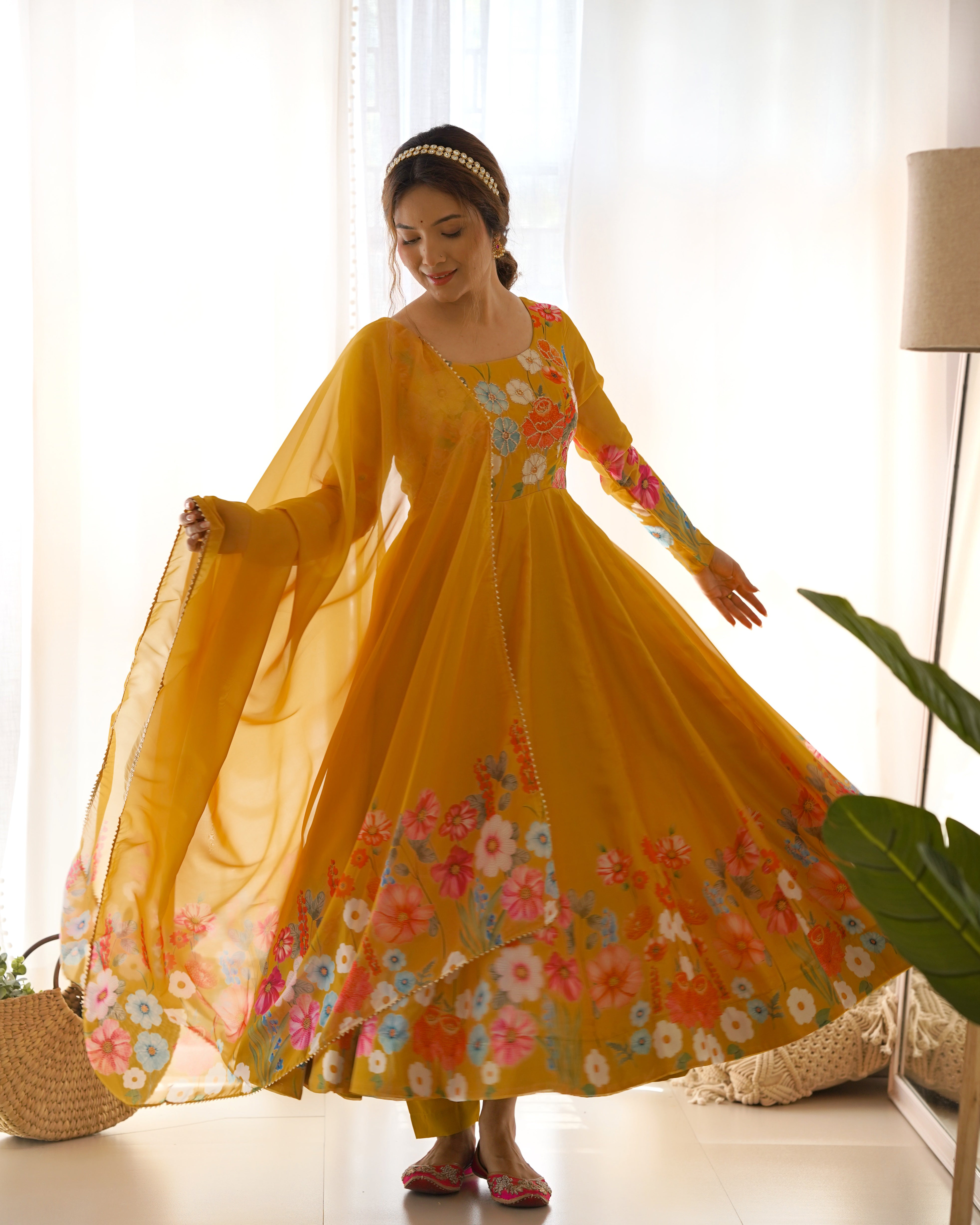 Yellow Floral Anarkali Suit with Pant Dupatta