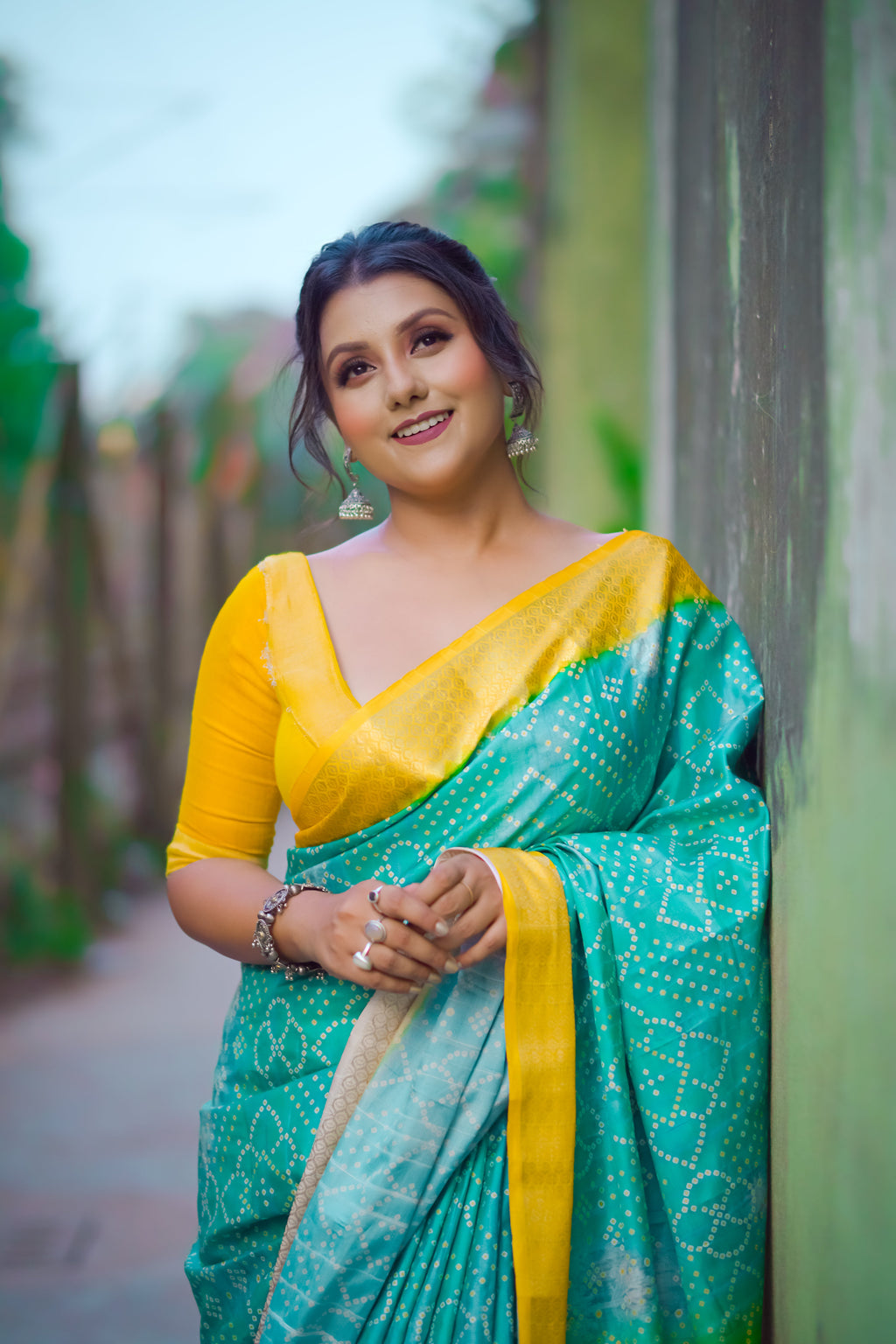 Vibrant green yellow silk saree