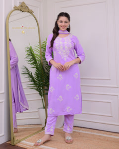 Violet Rayon Kurti Set with Embroidered Palazo & Nazneen Dupatta