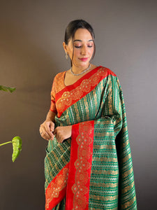 Premium Bottle Green Soft Silk Saree with Handcrafted Gold Zari Weaving for Weddings and Festive Parties